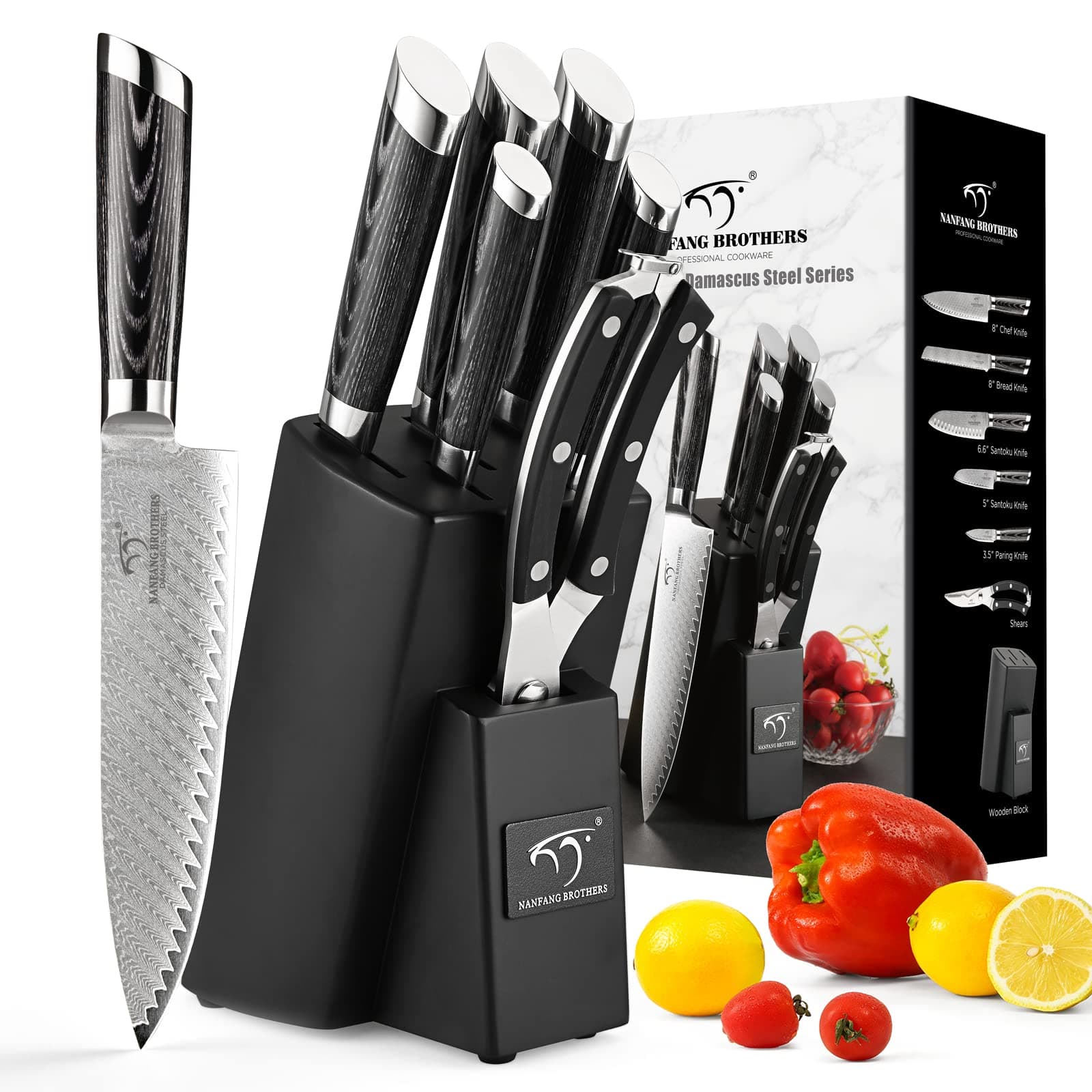 Knife Set, 7-Piece Damascus Kitchen Knife Set with Block, ABS Ergonomic Handle for Chef Knife Set, Kitchen Shears, Knife Block Set