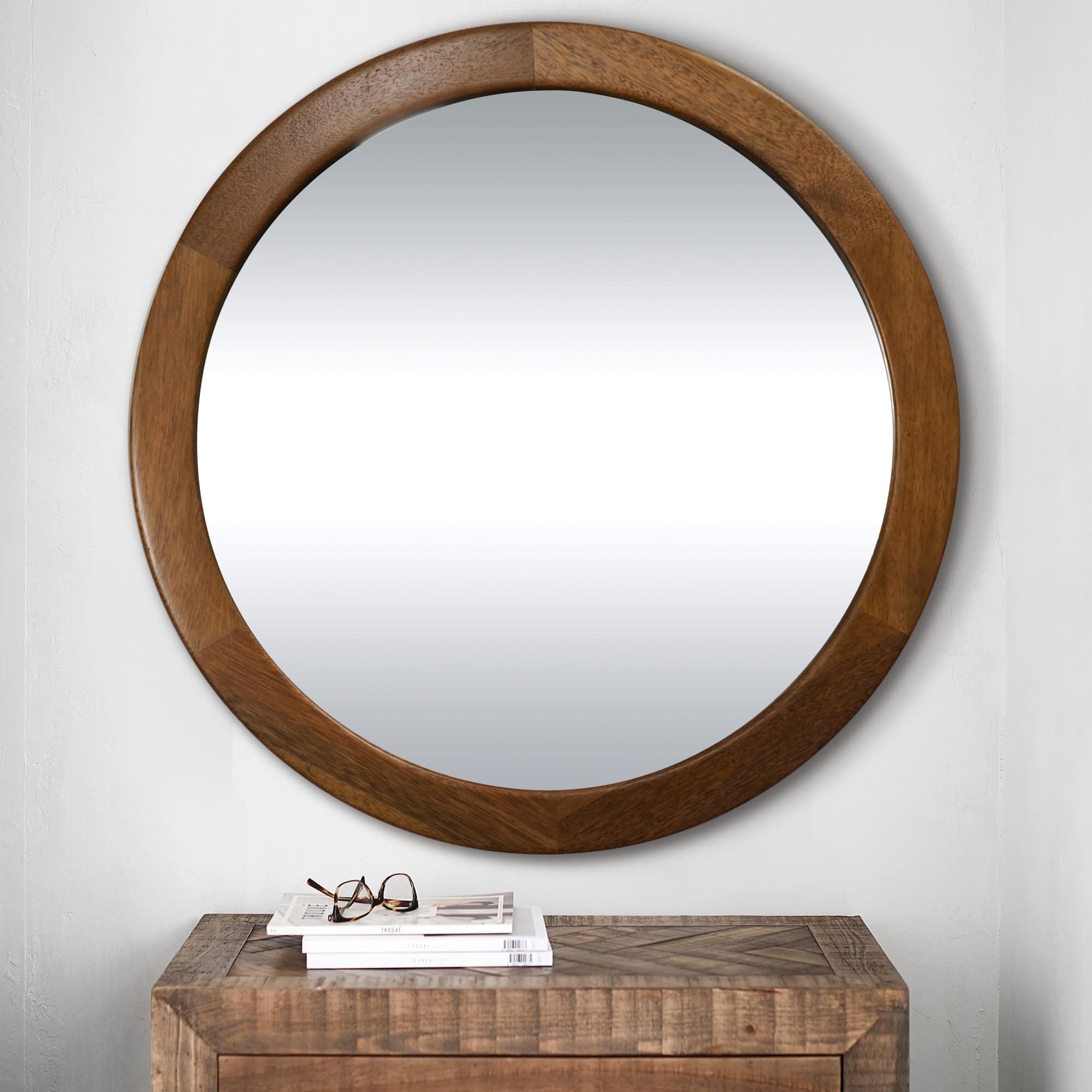 CULER Round Mirror 36 Inch,Wood Rustic Bathroom Tempered Wall Mirror with Walnut Frame,Farmhouse Wooden Vanity Circle Mirror for Living Room,Entryway or Bedroom（Walnut Brown）