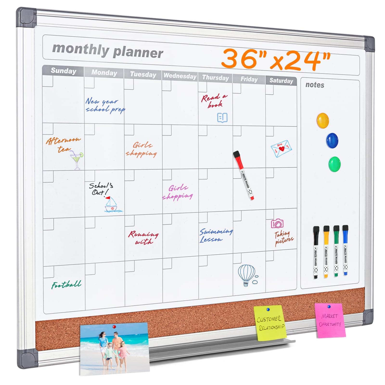 MAKELLO Dry Erase Calendar for Wall 36x24 in, Large Calendar Whiteboard with Cork Board for Office, Home, School, Family, Kitchen and Bedroom, 3' x 2'