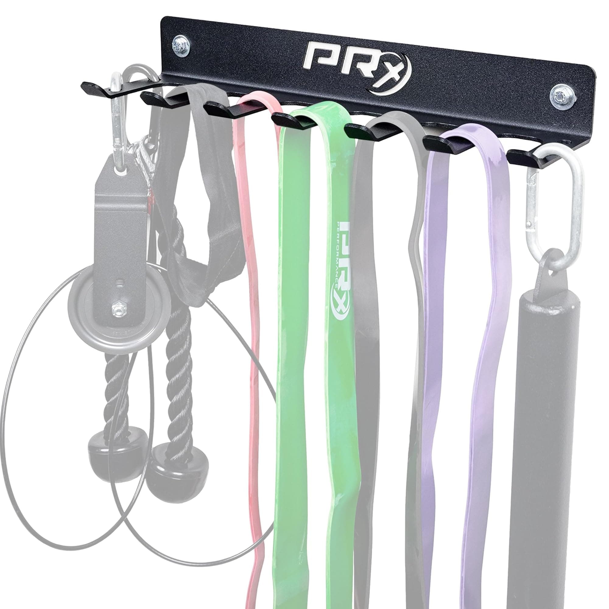 PRx Performance Wall-Mounted Gym Rack Organizer – Heavy-Duty Fitness Equipment Storage for Resistance Bands, Jump Ropes & Lifting Belts– Space-Saving 7 Hook Shelf, Made in USA – Compact Design - Black