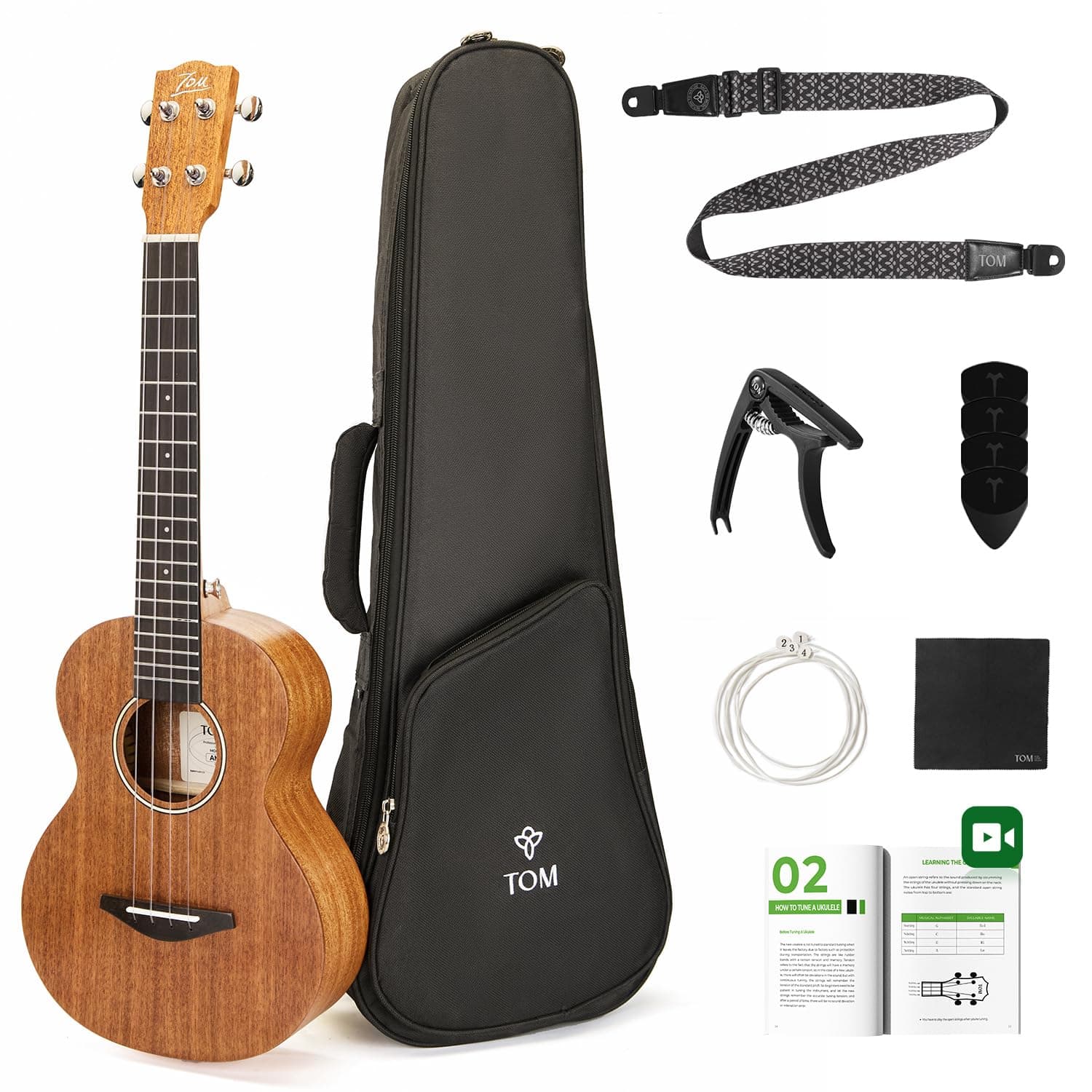 TOM 26" Solid Top Mahogany Tenor Ukulele – Beginner Kit Includes Quick Locking Strap for Kid & Adult, Professional Ukelele with Deep Tone & D’Addario Strings (AM3-T)