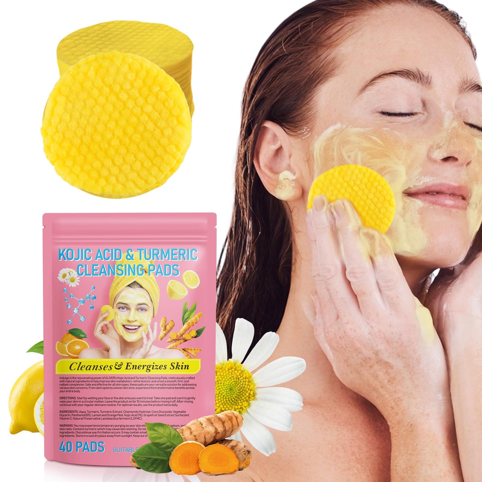 Turmeric Kojic Acid Cleansing Pads, Kojic Acid And Turmeric Cleansing Pads Helps Balance Skin Oil And Water, Remove Excess Keratin From The Body'S Skin, 40PCS