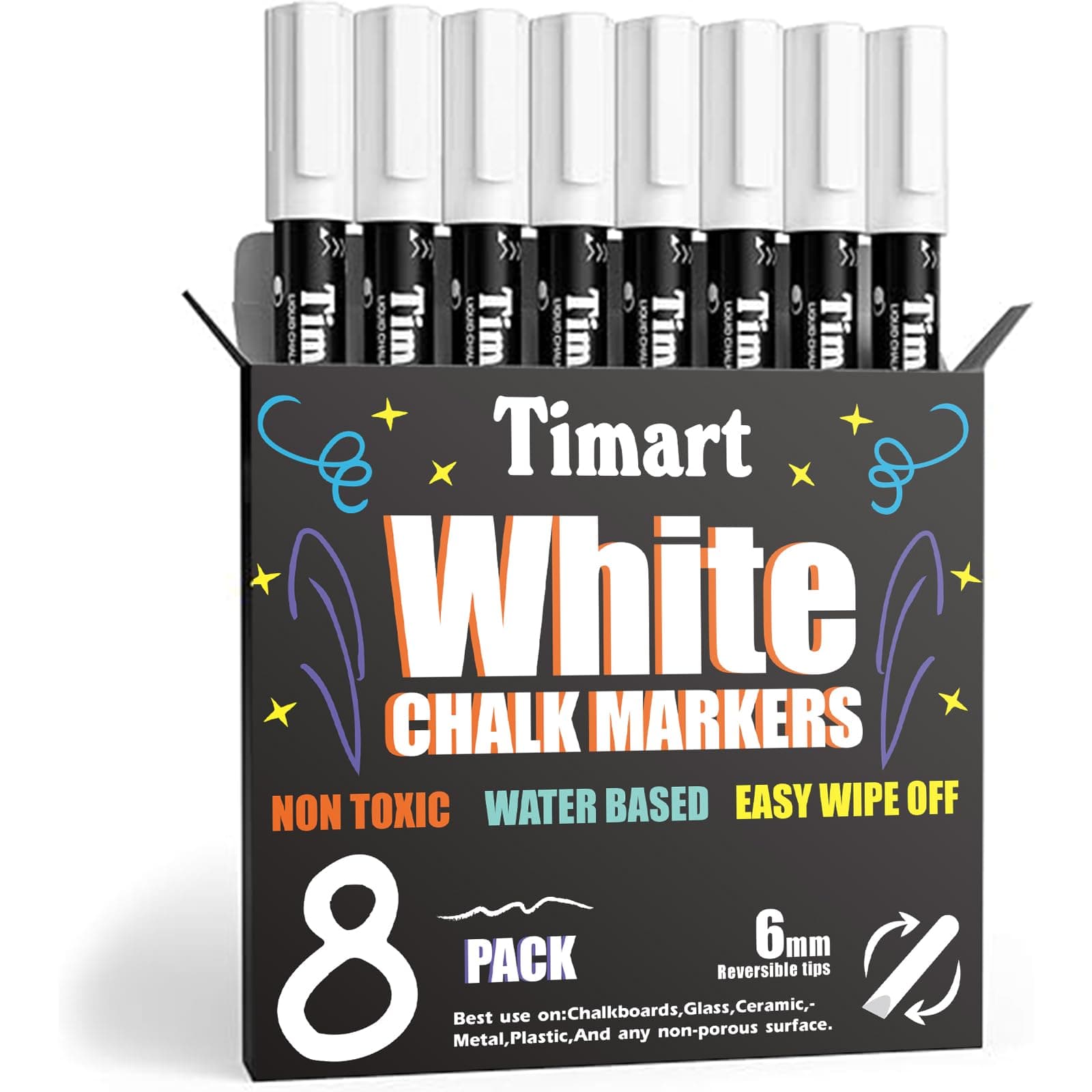 8 Pack White Chalk Markers, 6mm Liquid Chalk Markers for Chalkboards Signs, Blackboards, Windows, Glass- Reversible Tip, 24 Chalkboard Labels Included