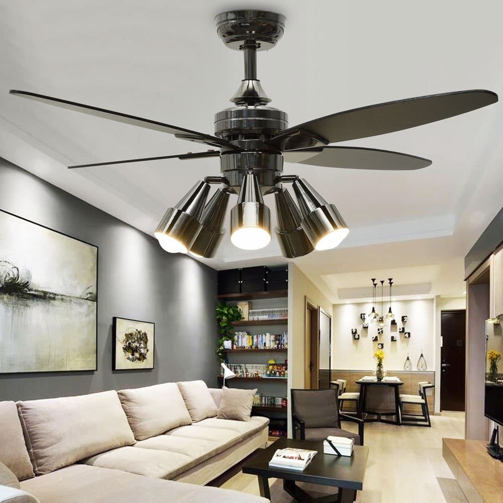 Modern Black Low Profile 48 Inches Ceiling Fan Light with 5 Rotatable Light Set and Remote Brushed Nickel Fandelier for Indoor Lighting