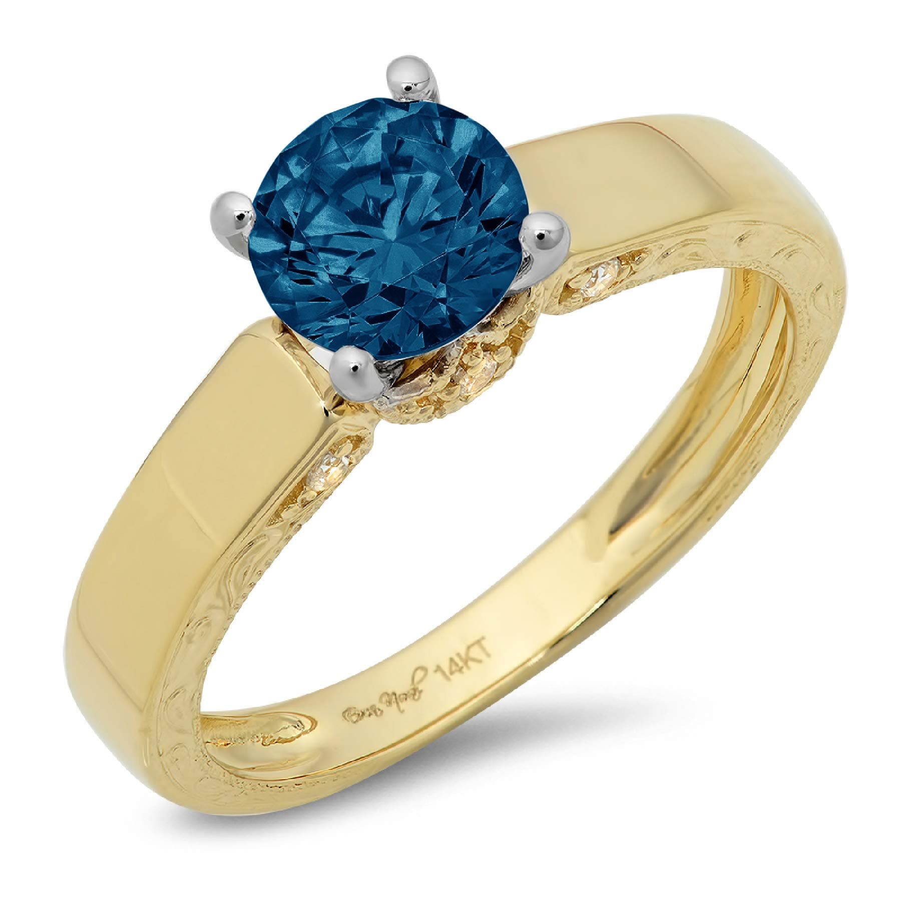 1.67ct Brilliant Round Cut Solitaire Natural London Blue Topaz Gem Stone VVS1 Designer Modern Statement with accent Ring Real Solid 14k 2 tone Gold Clara Pucci
