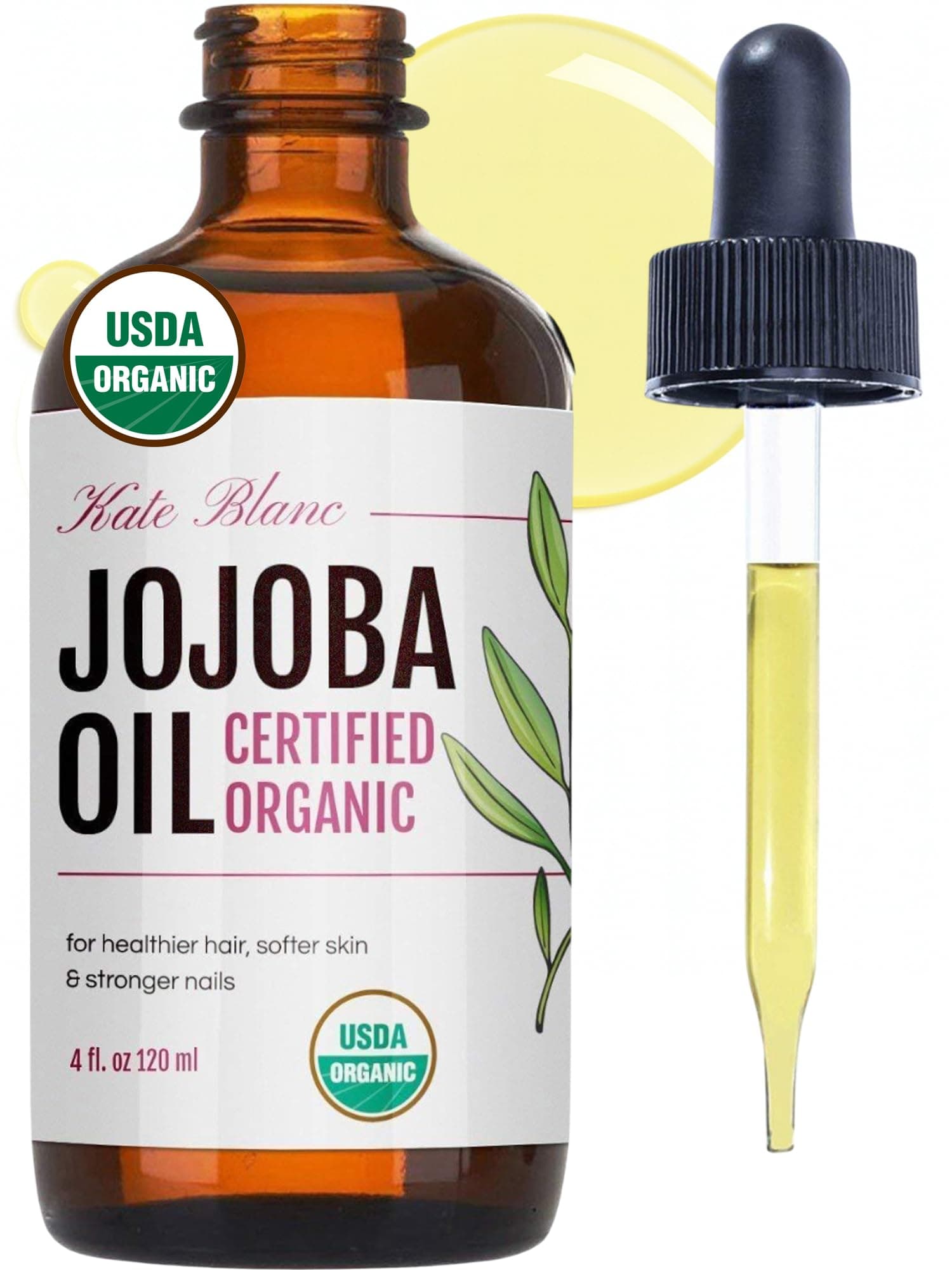 Kate Blanc Cosmetics Jojoba Oil Organic for Hair, Skin & Face (4oz, 100% Pure, Cold Pressed, Unrefined, Natural, Hexane Free, Glass Bottle)