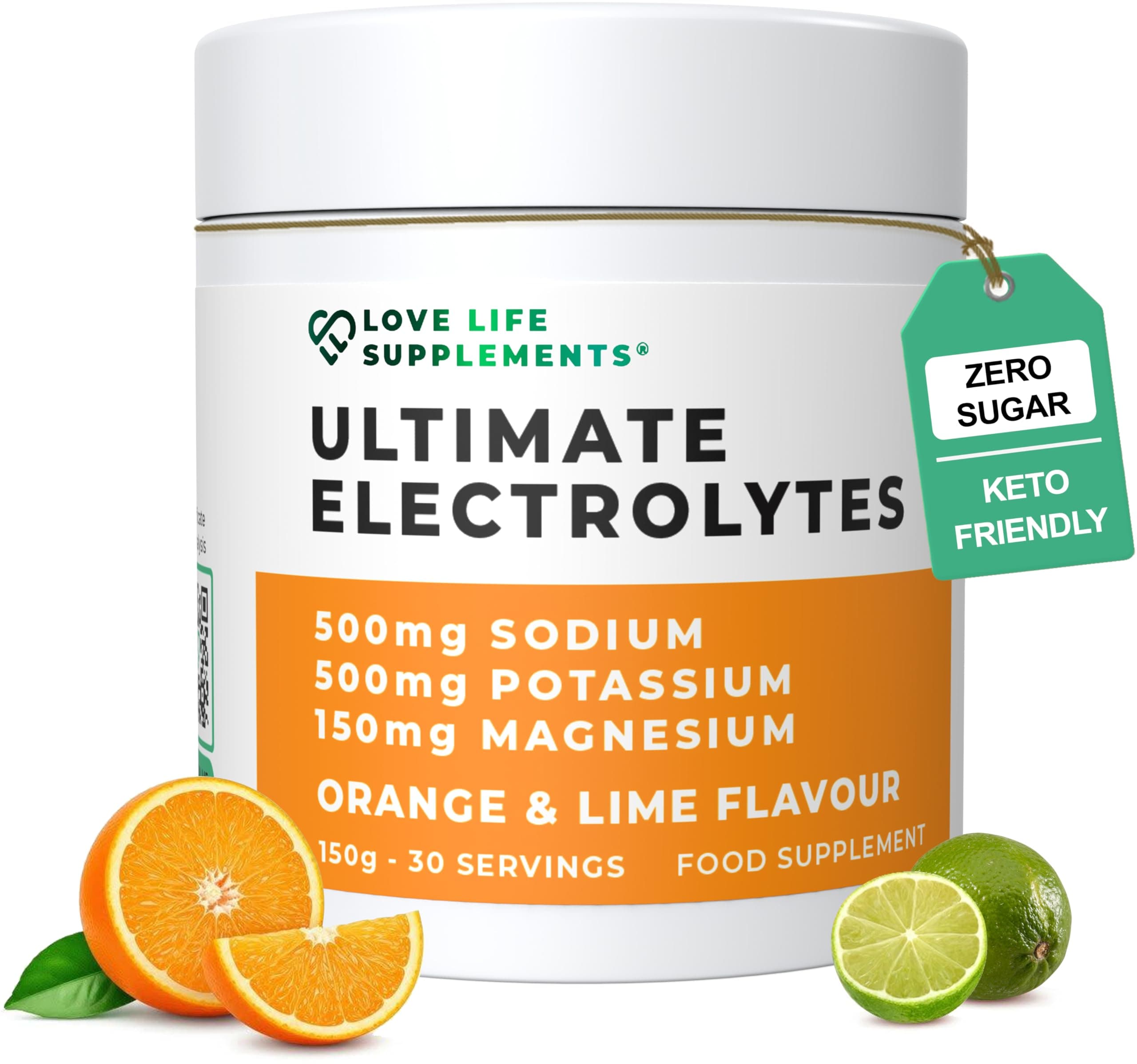 Ultimate Electrolytes Powder, 500mg Sodium, 500mg Potassium, 150mg Magnesium, 30 Servings, Himalayan Salt, Hydration & Rehydration, Orange & Lime, Zero Sugar, Vegan - Love Life Supplements