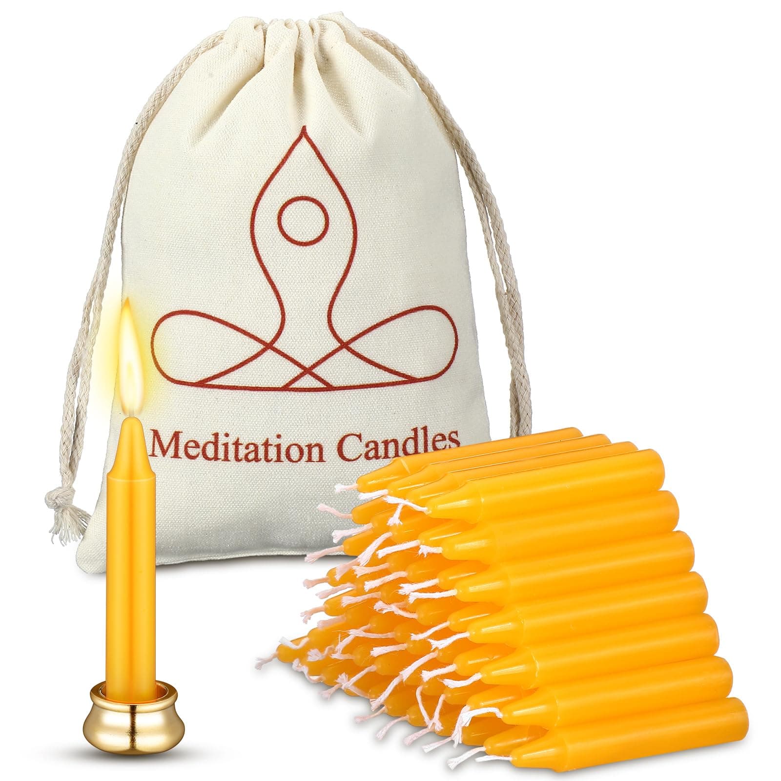 Threlaco52 Pcs 30 Minute Mindful Meditation Candle Bulk Mini Taper Candles Ritual for Meditation with Brass Taper Holder Canvas Bag Prayer Gift for Yoga Relaxation