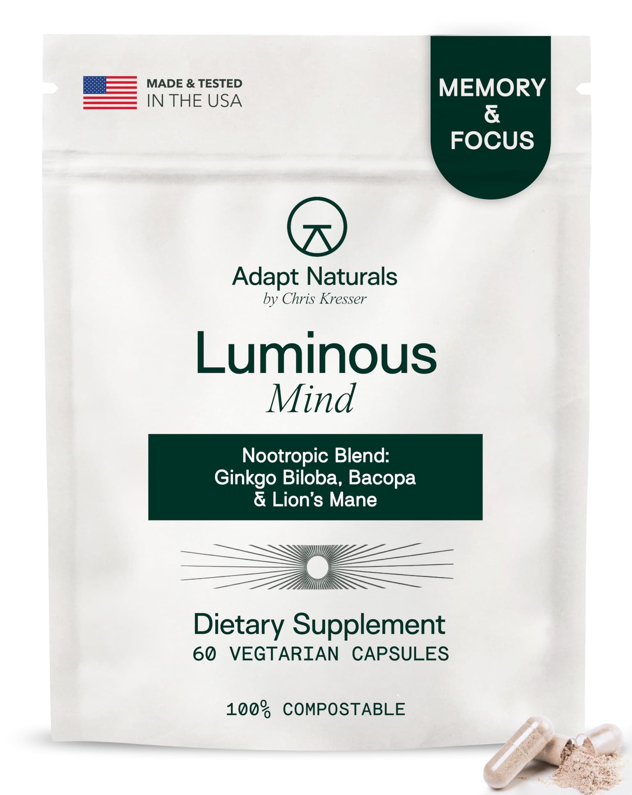 Adapt Naturals Luminous Mind Nootropic Brain Supplement with Ginkgo Biloba, Bacopa and Lions Mane | Memory, Focus, Mental Clarity and Elevated Mood Support | No Caffeine, Crash Free - 30 Days Supply