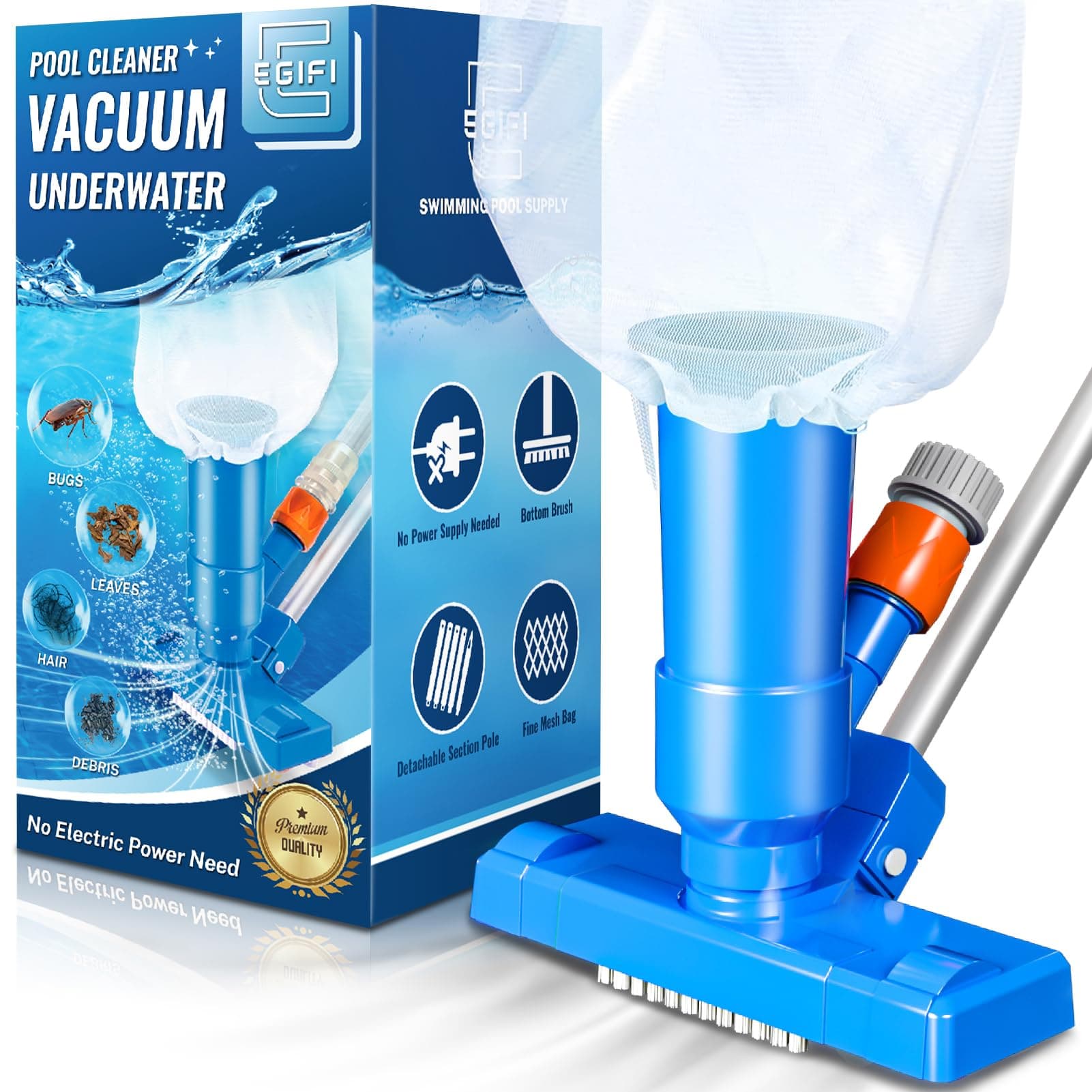 Portable Pool Vacuum for Above Ground Pool, Jet Underwater Cleaner with 3 Scrub Brush, Mesh Bag and 5 Section Pole of 47", Attach to Common Garden Hose, Light Blue