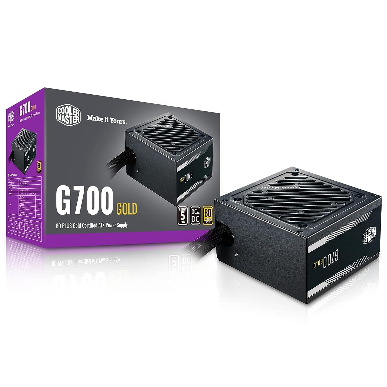 Cooler Master G700 Gold Power Supply, 700W 80+ Gold Efficiency, Intel ATX Version 2.52, Fixed Flat Black Cables Quiet HDB Fan, 5 Year Warranty