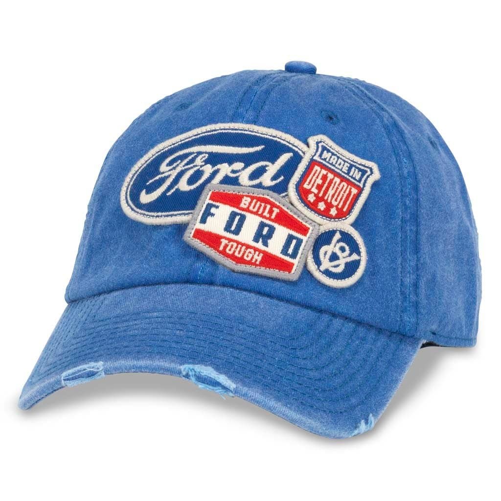 AMERICAN NEEDLE Ford Iconic Patch Distressed Dad Hat with Buckle Strap, Royal (FORD-1714A)