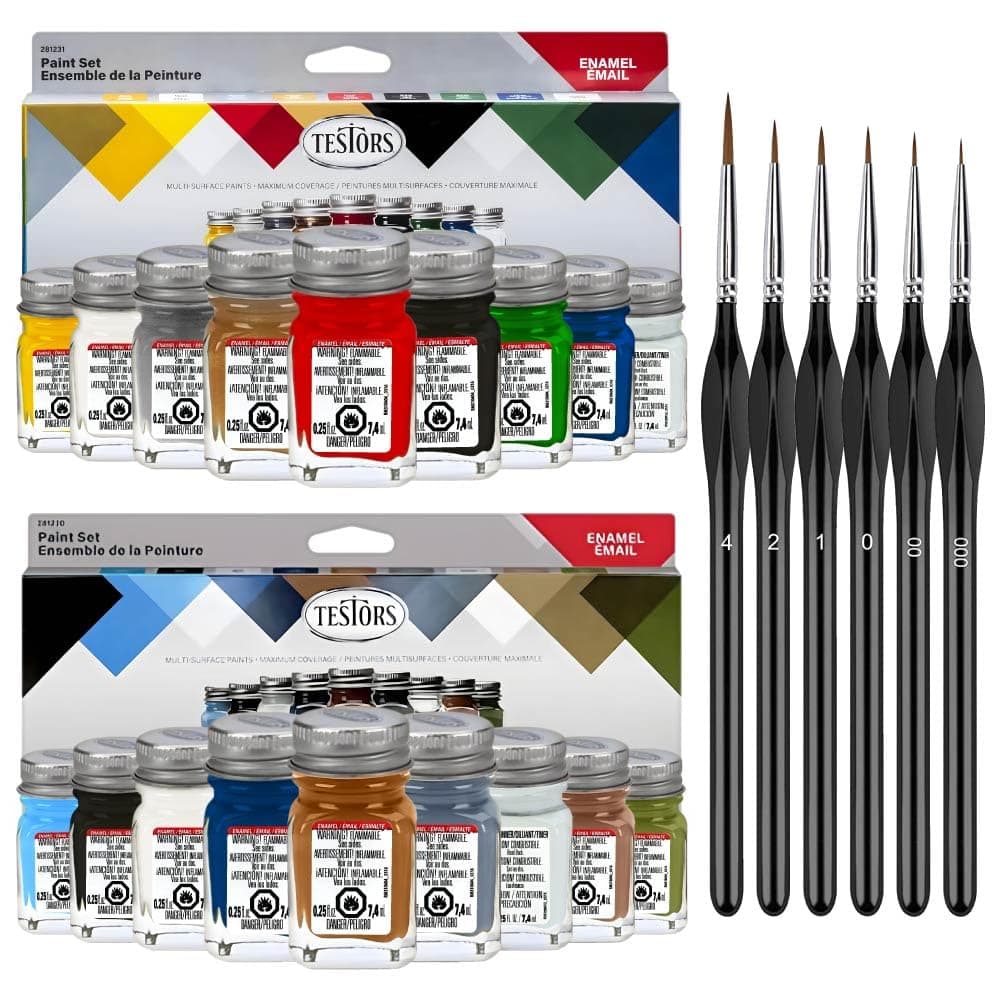Testors Enamel Model Paint Sets and 6 Paint Brushes - Camo Paints for Professional Results in Painting Plastic Models and Miniatures - Small Brushes for Canvas Painting and Crafts
