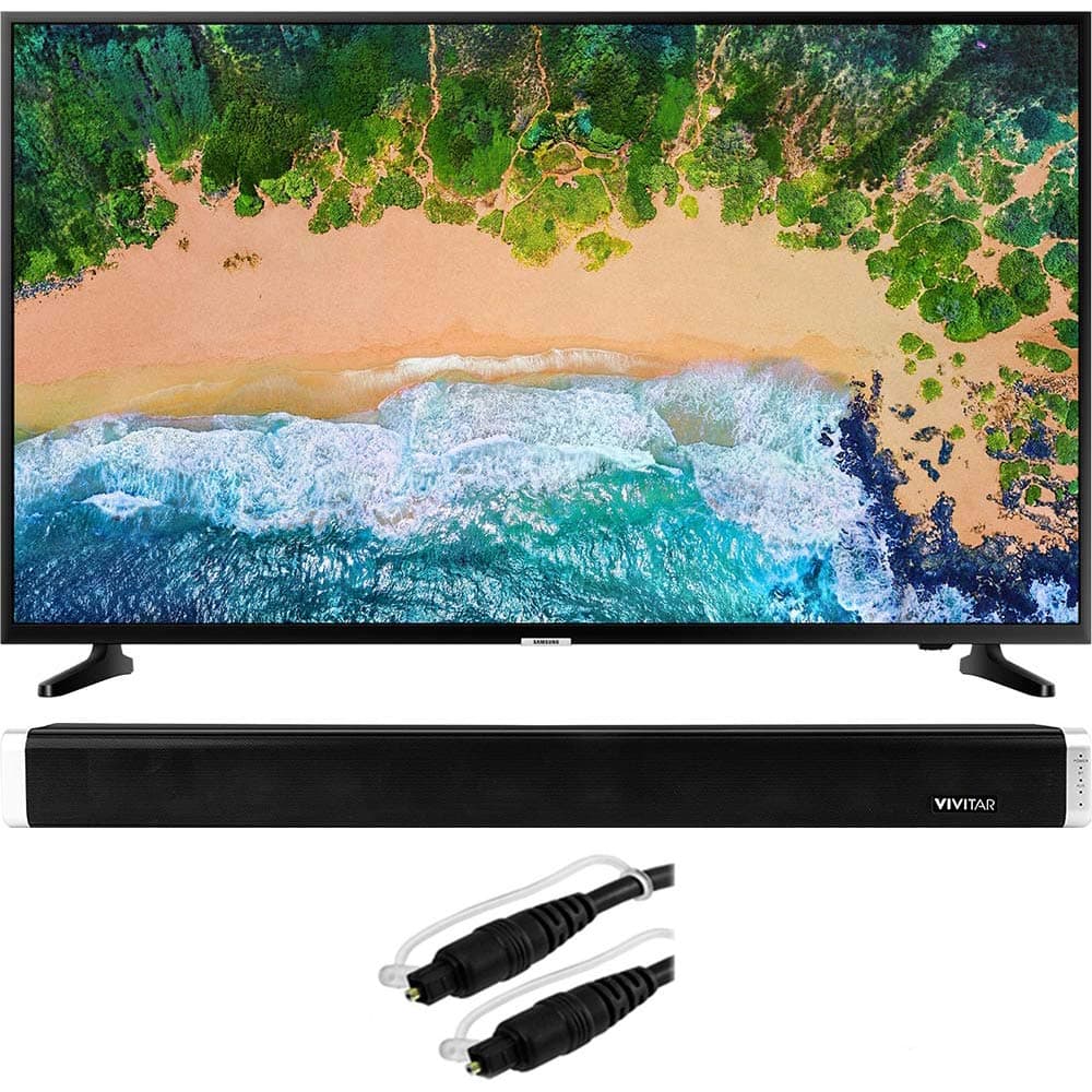 Samsung UN65NU6900 65" NU6900 Smart 4K UHD TV (2018) w/Sound Bar Bundle Includes, Vivitar 24-Inch Wall Mountable Wireless Bluetooth Soundbar and Monoprice 6ft Optical Toslink 5.0mm OD Audio Cable