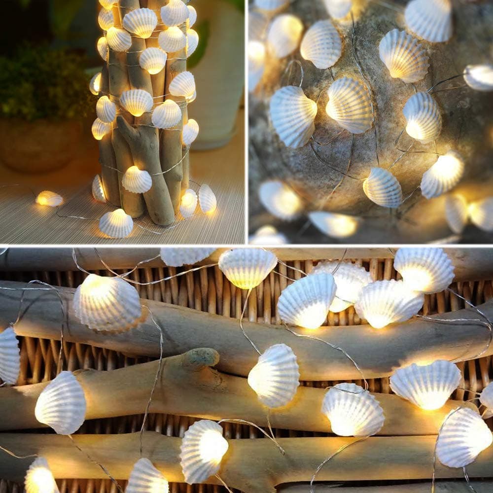 Ocean Real Seashell 0.8"(H) 40 LED String Lights 13.85Ft Battery Operated Waterproof Warm White with Timer and Remote Control for Beach Themed Decoration Indoor Covered Outdoor Birthday