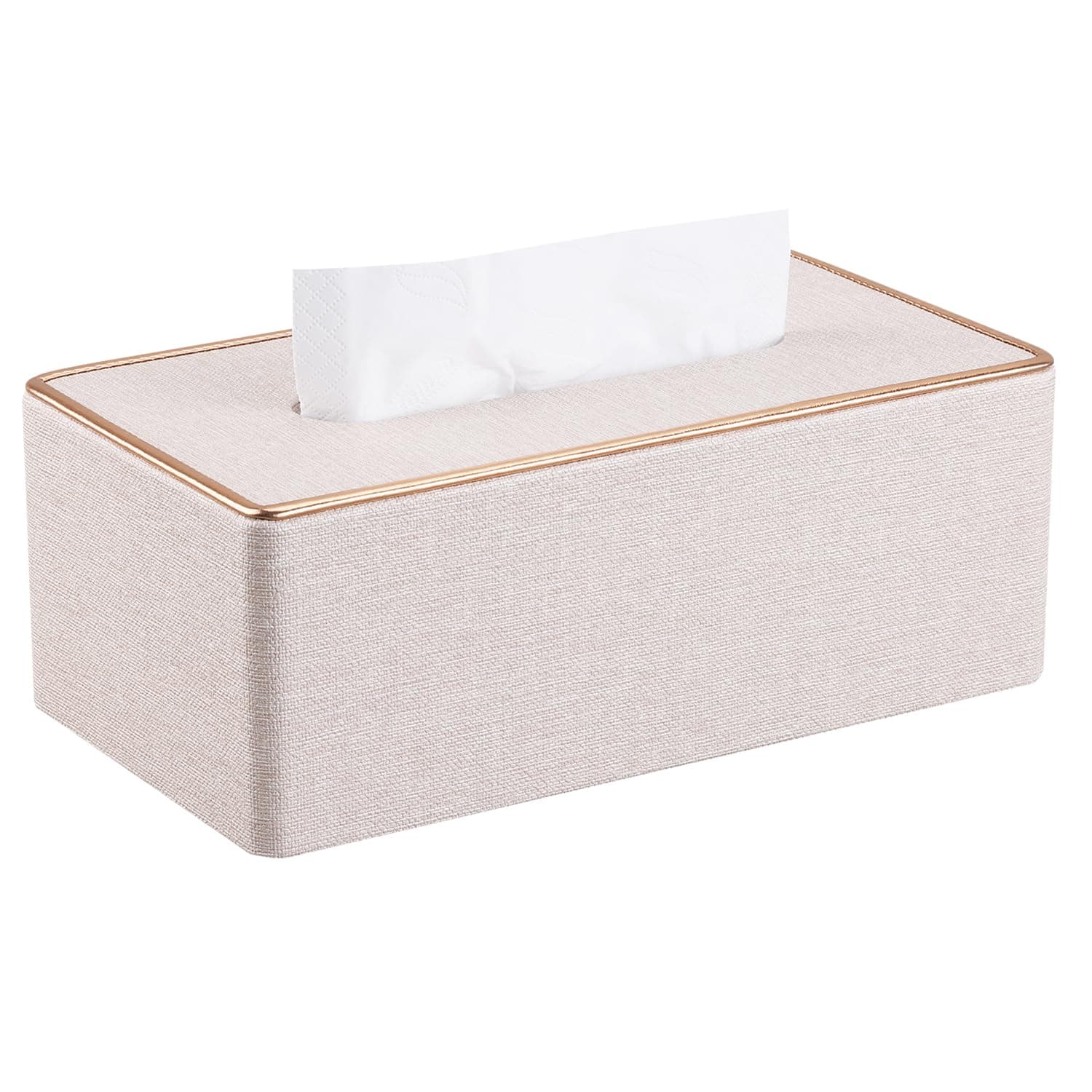 KINGFOM Rectangular PU Leather Tissue Box Holder, Facial Tissue Case Napkin Dispenser for Home Office Car Automotive Decoration with Gold Line(Pearl White-L)