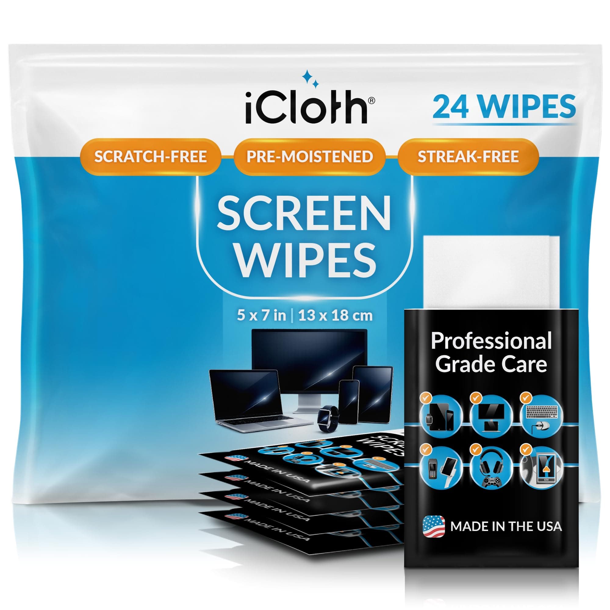 Screen Cleaner Wipes by iCloth – Individually Wrapped – Travel Size – Streak-Free (24 Large Wipes)