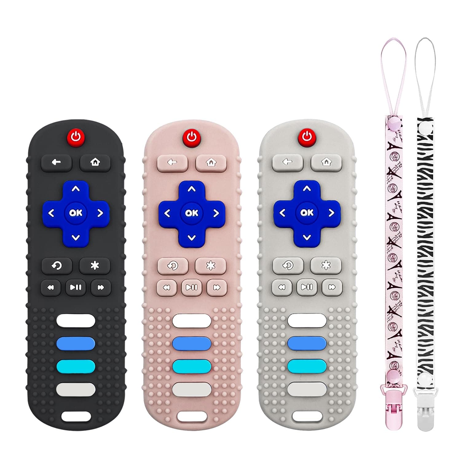 ROBBEAR Baby Teething Toys, Food Grade Silicone Teethers for Babies 3 6 12 18 Months, TV Remote Shape Infant Chew Toys for Boys and Girls, Soothe Baby Teething, BPA Free (Teether-Black+Khaki+Beige)