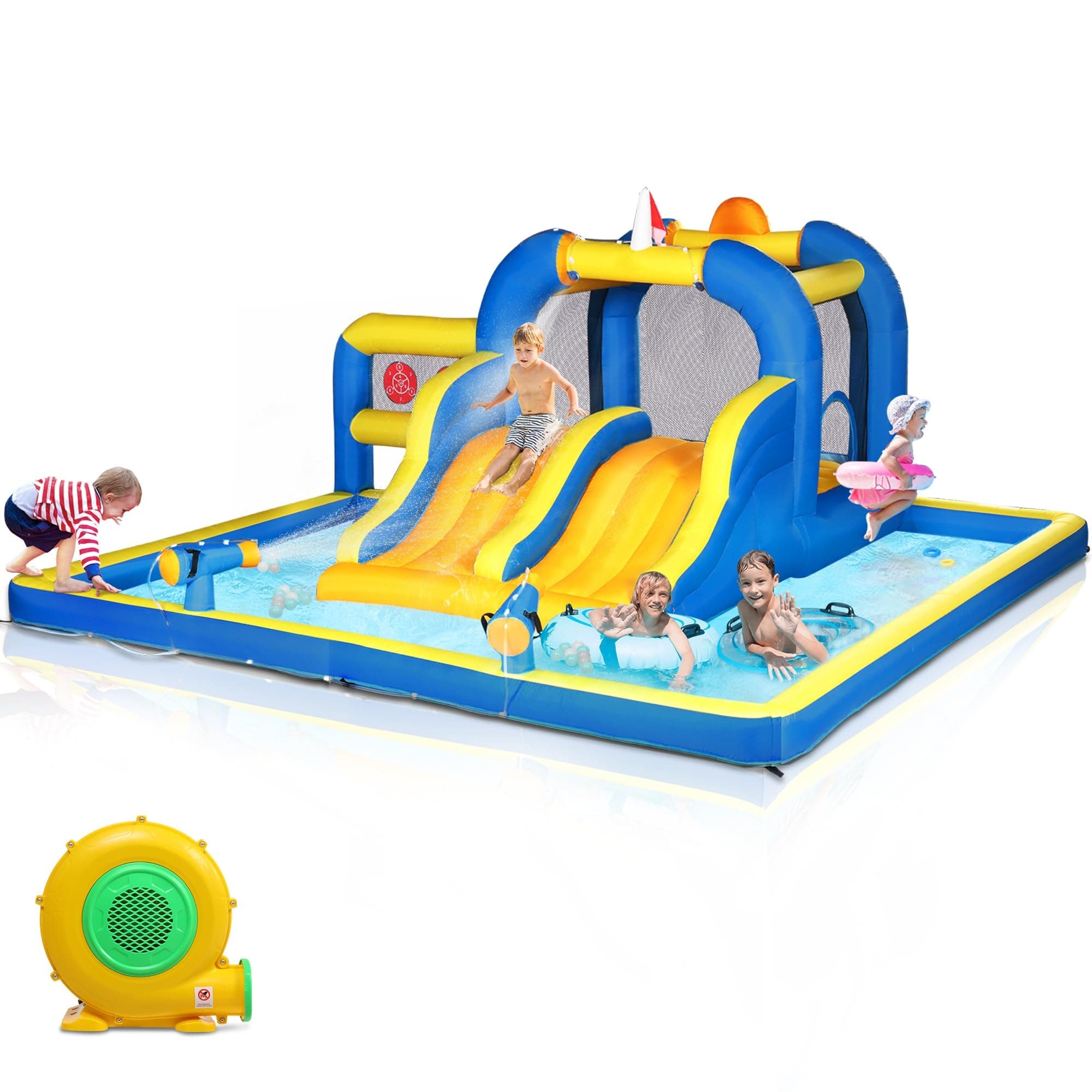 Ktaxon Inflatable Bounce House, Jumping Outdoor Air Castle Children Bouncer Double Water Slide with Air-Blower for Backyard, Park, Lawn (181" L x 181" W x 86.7" H)