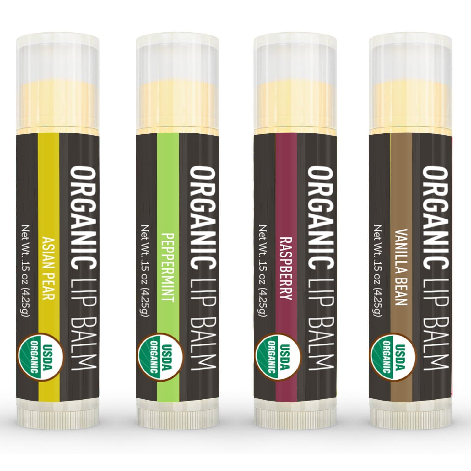 La Lune Naturals USDA Certified Natural Beeswax Vanilla Bean, Raspberry, Asian Pear, Peppermint Lip Balm for Kids and Babies -Pack of 4