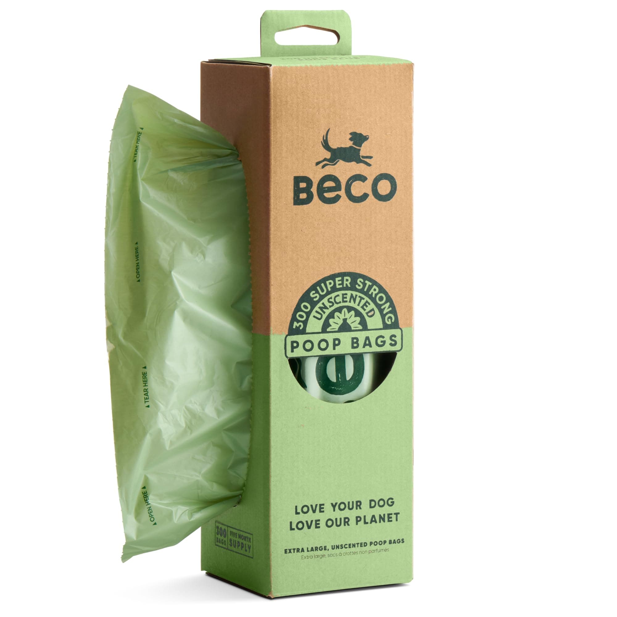 Beco Super Strong & Large Poop Bags | Unscented Dog Poo Bags | 300 XL Roll | Tissue Box Style Dispenser