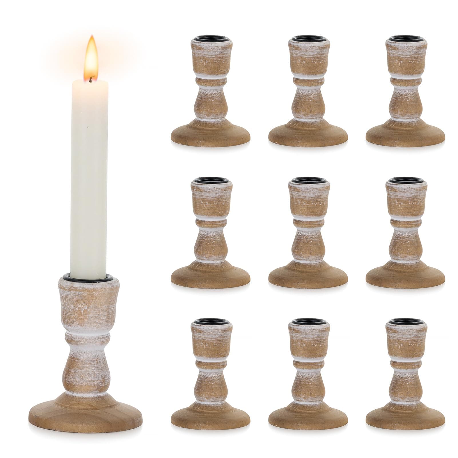 NUPTIO Candlesticks Candle Holder Wooden: 10 Pcs Rustic Brown Wood Candle stick Holders for Tapered Candles Vintage Small Farmhouse Taper Candleholder for Christmas Wedding Party Home Table Decor