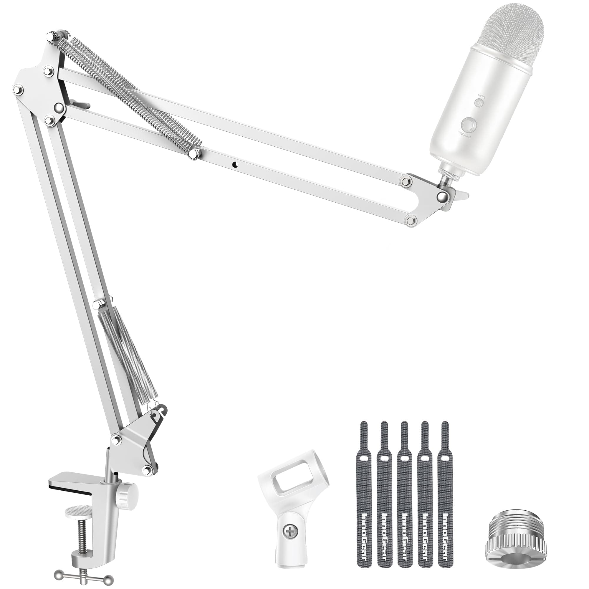 Boom Arm Microphone Mic Stand for Blue Yeti HyperX QuadCast SoloCast Snowball Fifine Shure SM7B and Other Mic, White