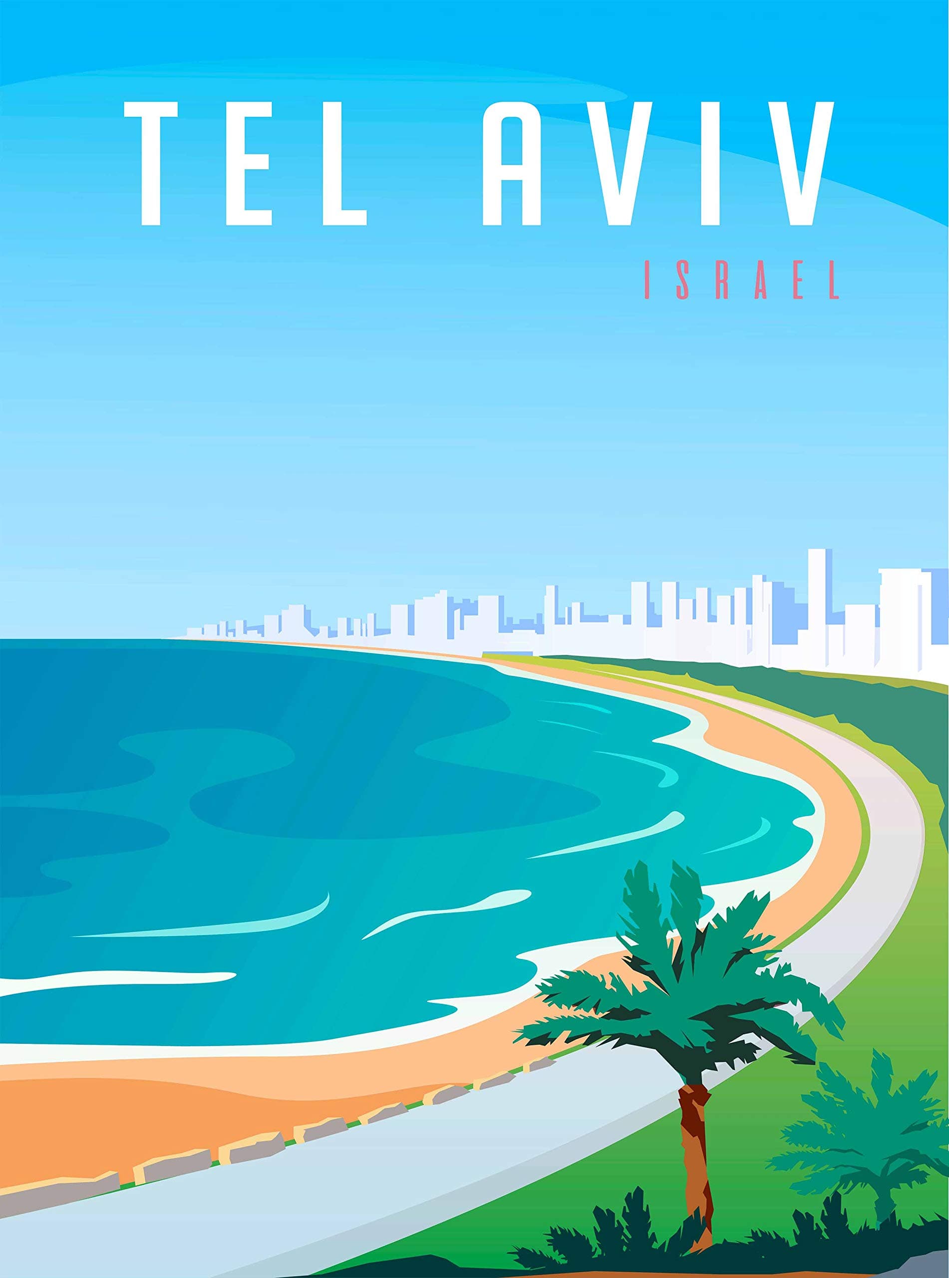 Tel Aviv Israel Palestine Beach Ocean Retro Travel Home Collectible Wall Decor Advertisement Art Deco Poster Print. 10 x 13.5 inches.