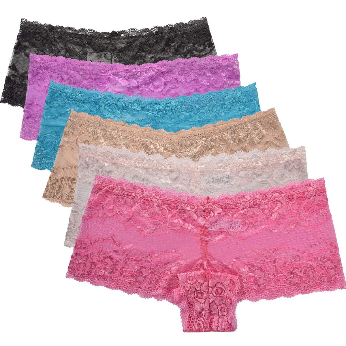 Plus Size Lace Panties Underwear for Women Boyshorts Sexy Lingerie Sheer Cheeky Tanga Hipster 6 Pack Soft Comfort Floral Lace Hem Trim Big Woman Booty Boy Shorts Low Waist Panty Size 3XL