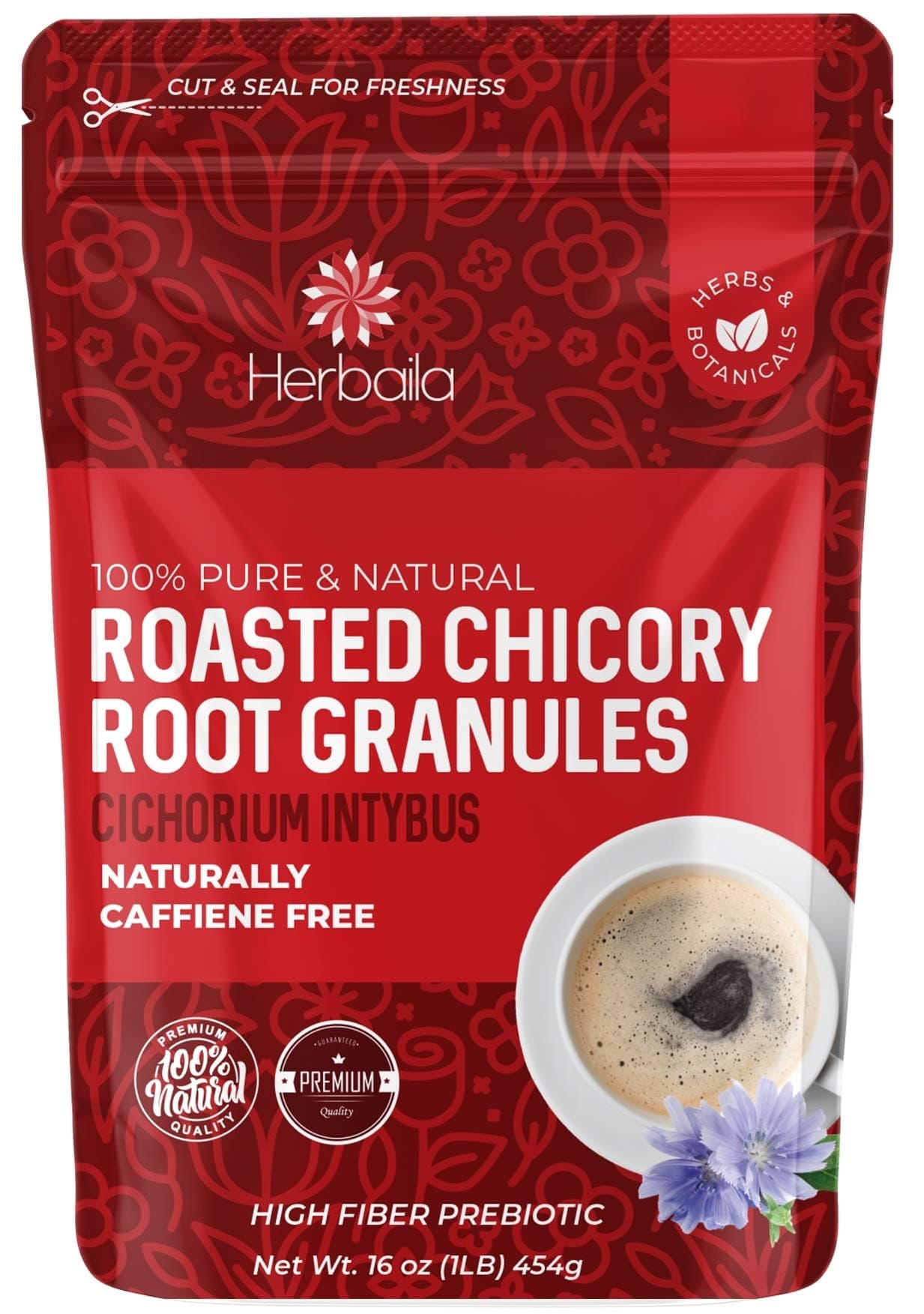 Herbaila Chicory Root Roasted Granules, 1 Pound, Chicory Coffee (Inulin, Prebiotic Dietary Fiber) Rich Flavor, Caffeine Free, Natural Tea and Coffee Substitute, Keto, Kosher