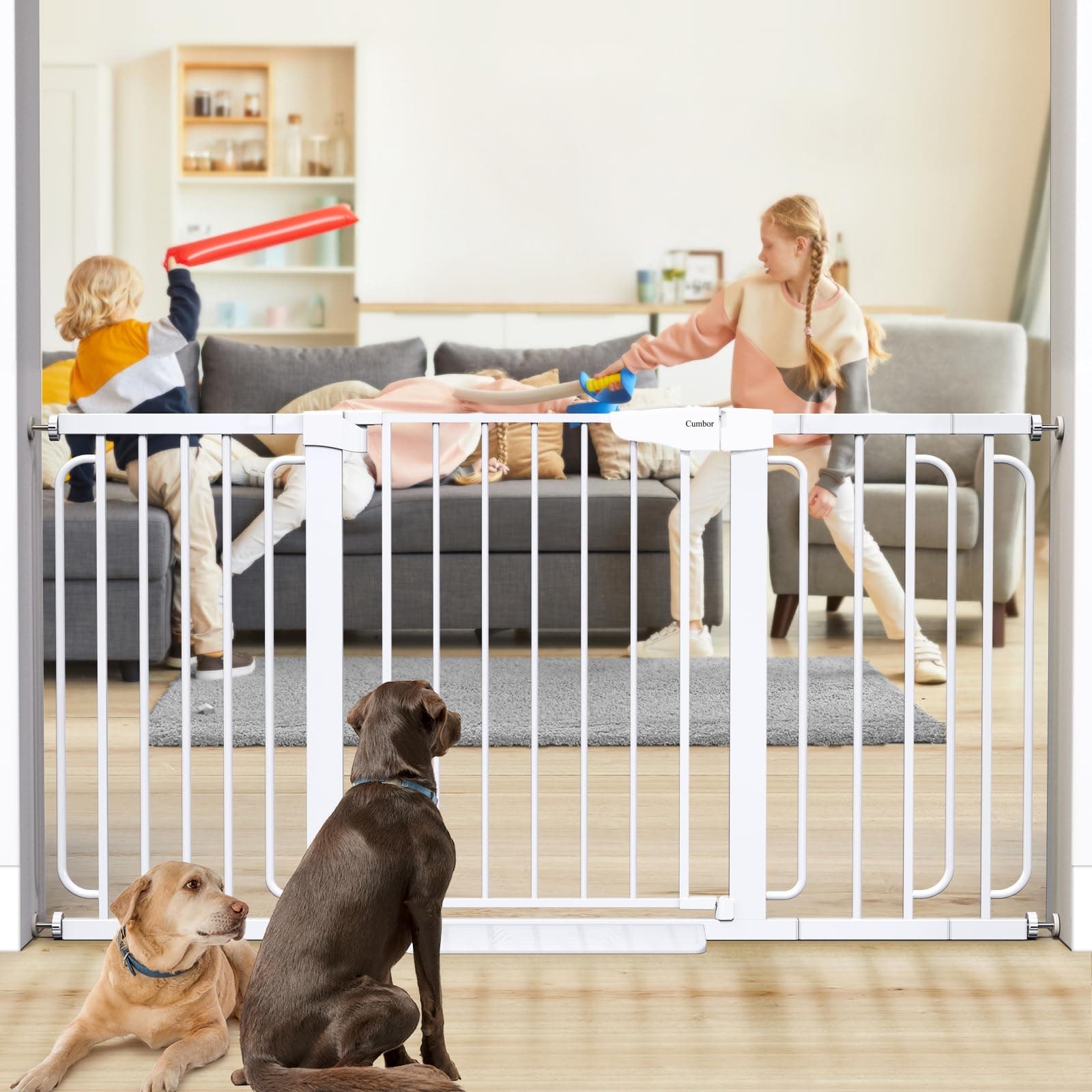 Cumbor Mom's Choice Awards Winner- 29.7-57" Baby Gate for Stairs, Extra Wide Dog Gate for Doorways, Pressure Mounted Walk Through Safety Child Gate for Kids Toddler, Tall Pet Puppy Fence Gate, White
