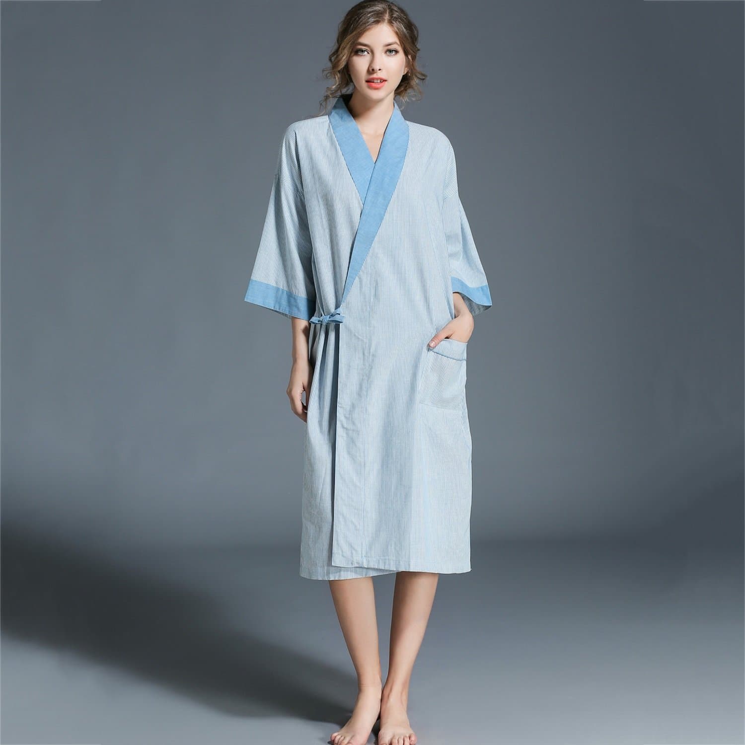 LUXURY Bathrobe Mens And Ladies Bathrobe Kimono Nightgown Cotton Couple Bathrobe Steaming Clothes Bathrobe Adults Shawl Bath Robe (Color : Blue)