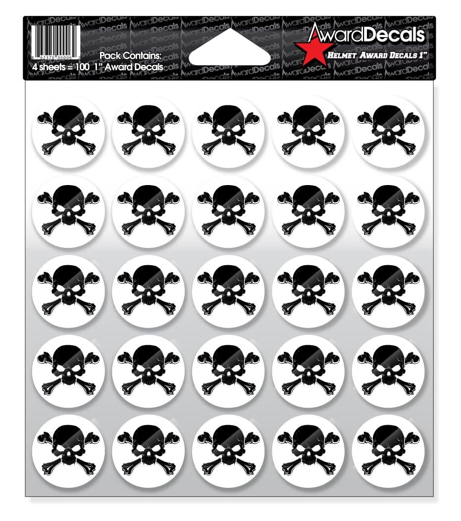 New Skull and Crossbone (Black on White) Sticker Set 1" (100 decals) The Original Award Decals Premium 20mil Thick Helmet Decals Made in The USA since 1976