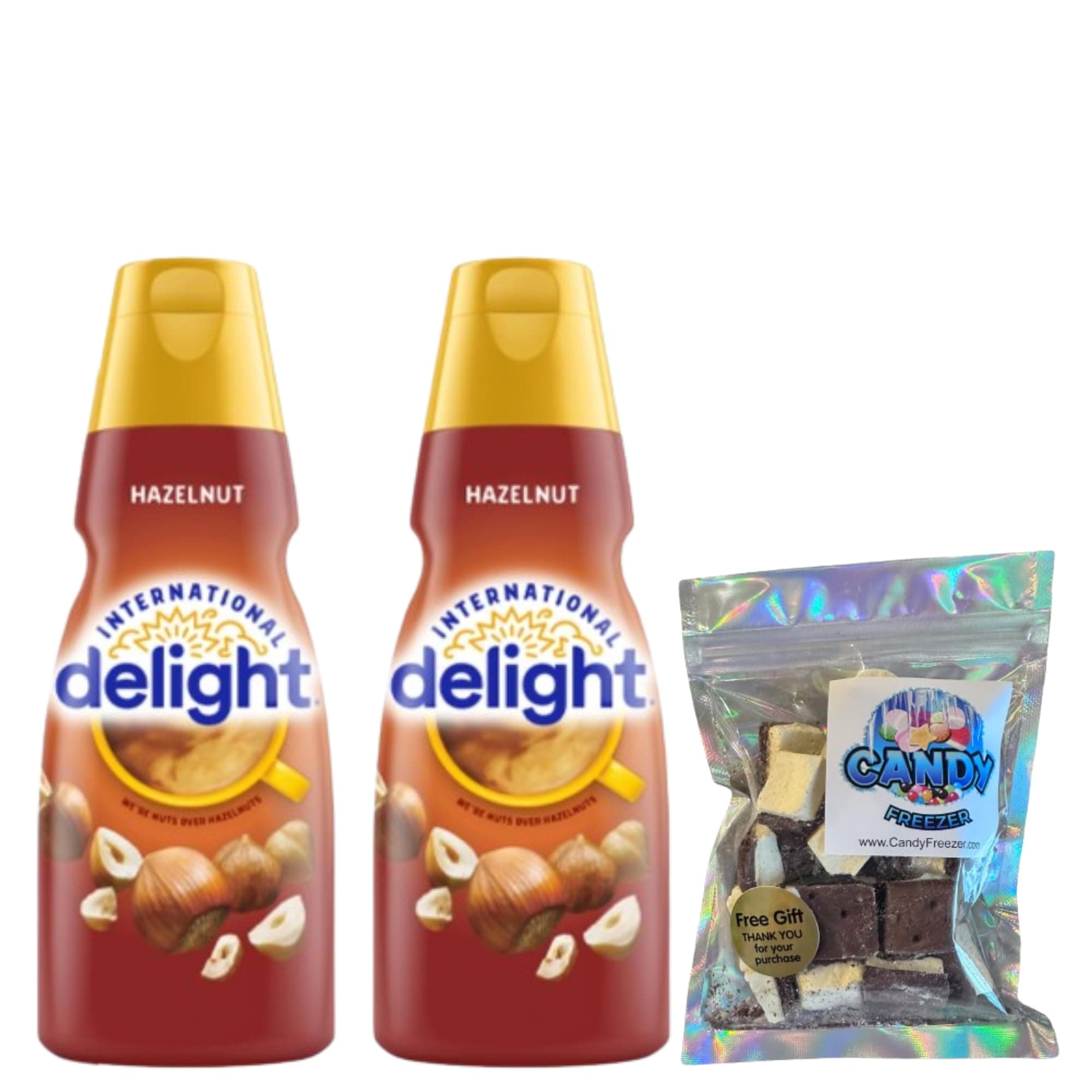 Candy Freezer International-Delight Liquid Coffee Creamer.- Two (2) 32 fl oz Bottles of Creamy Smooth Delightful Coffee Creamer and 1 oz Freeze Dried Ice Cream Bites (Hazelnut)
