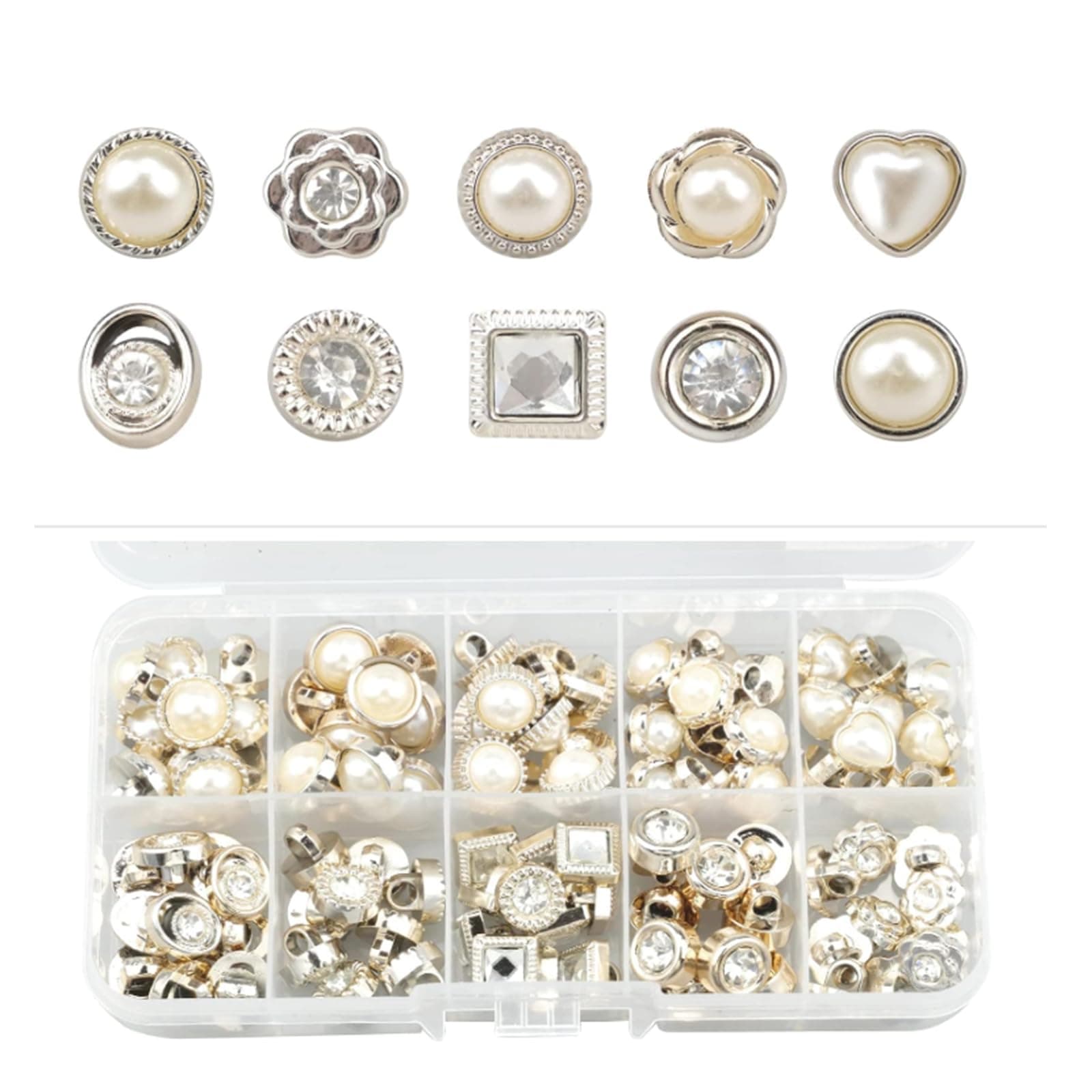 VZU 100PCS Sewn Imitation Pearl Buttons, Diamond Buttons, Crystal Buttons, 10 Styles Retro Pearl Buttons with Shank Round Buttons Sewing Crafts for Decorating Shirts, Blouses, Sweaters, Cardigans