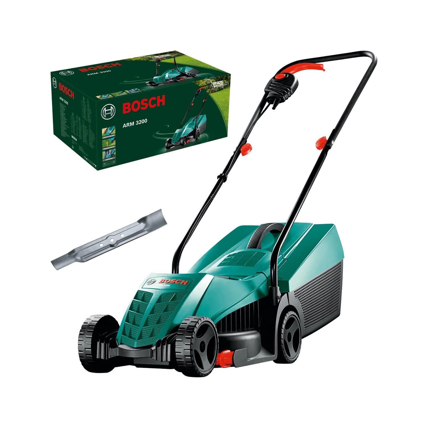 Bosch Electric Lawnmower ARM 3200 (1200 W, Cutting Width: 32 cm, with Additional Blade Included, in Carton Packaging) – Amazon Edition