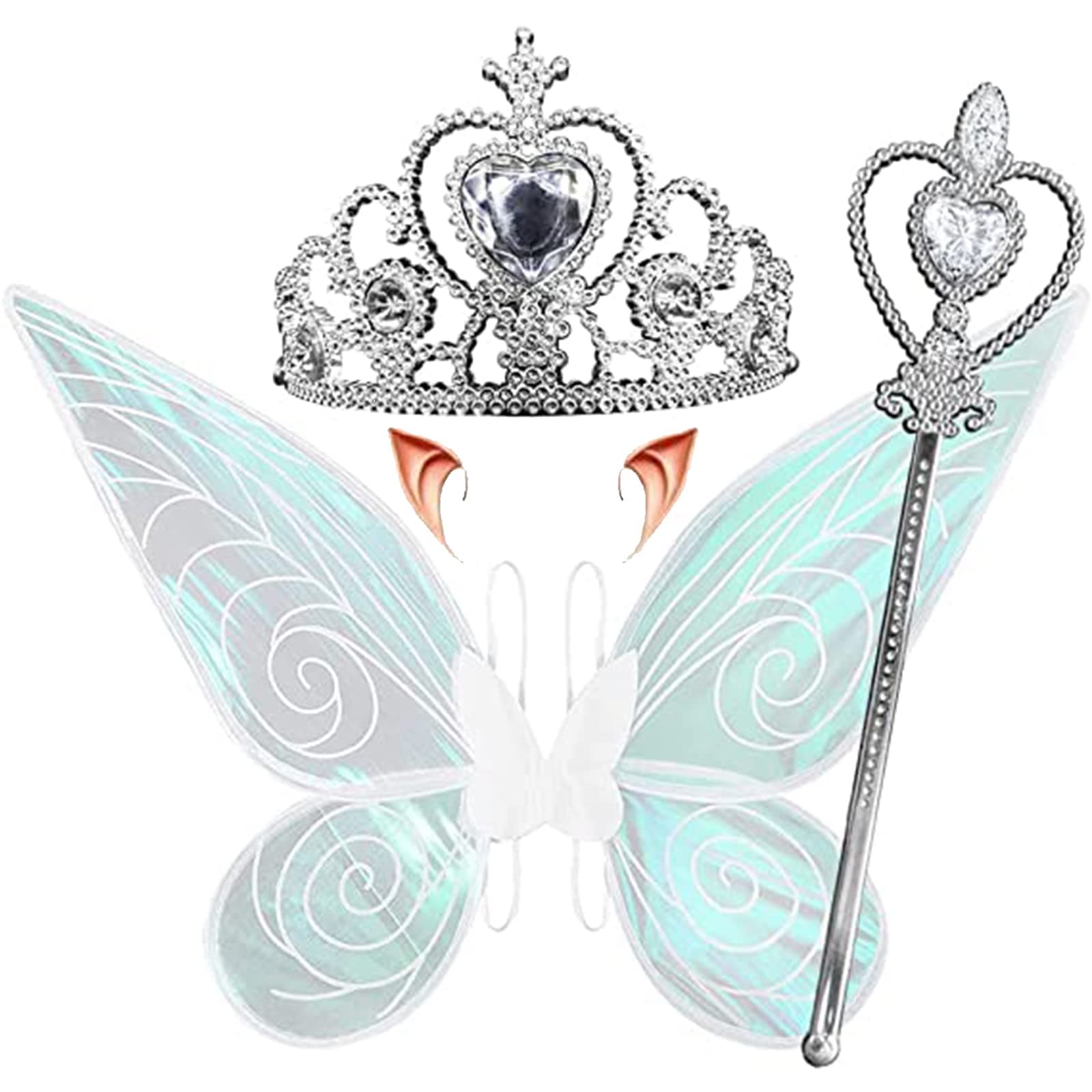 jaffiustFairy Wings Costume Set, Fairy Costume Accessories Include Fairy Wings/Fairy Wand/crown/Elf Ears, Angel Fairy Wings Costume for Adults Women Girls Halloween Dress Up Cosplay-white