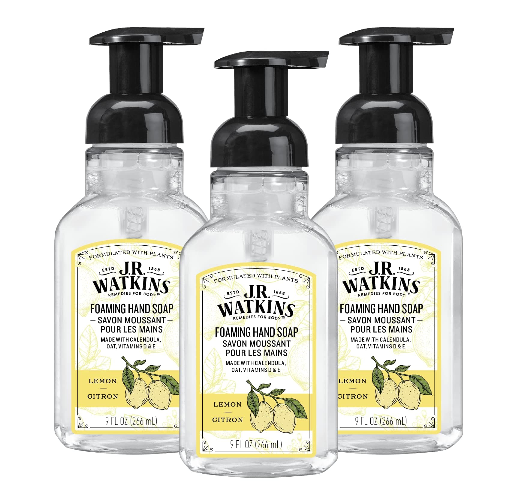 Foaming Hand Soap with Pump Dispenser, Moisturizing Foam Hand Wash, All Natural, Alcohol-Free, Cruelty-Free, USA Made, Lemon, 9 fl oz, 3 Pack