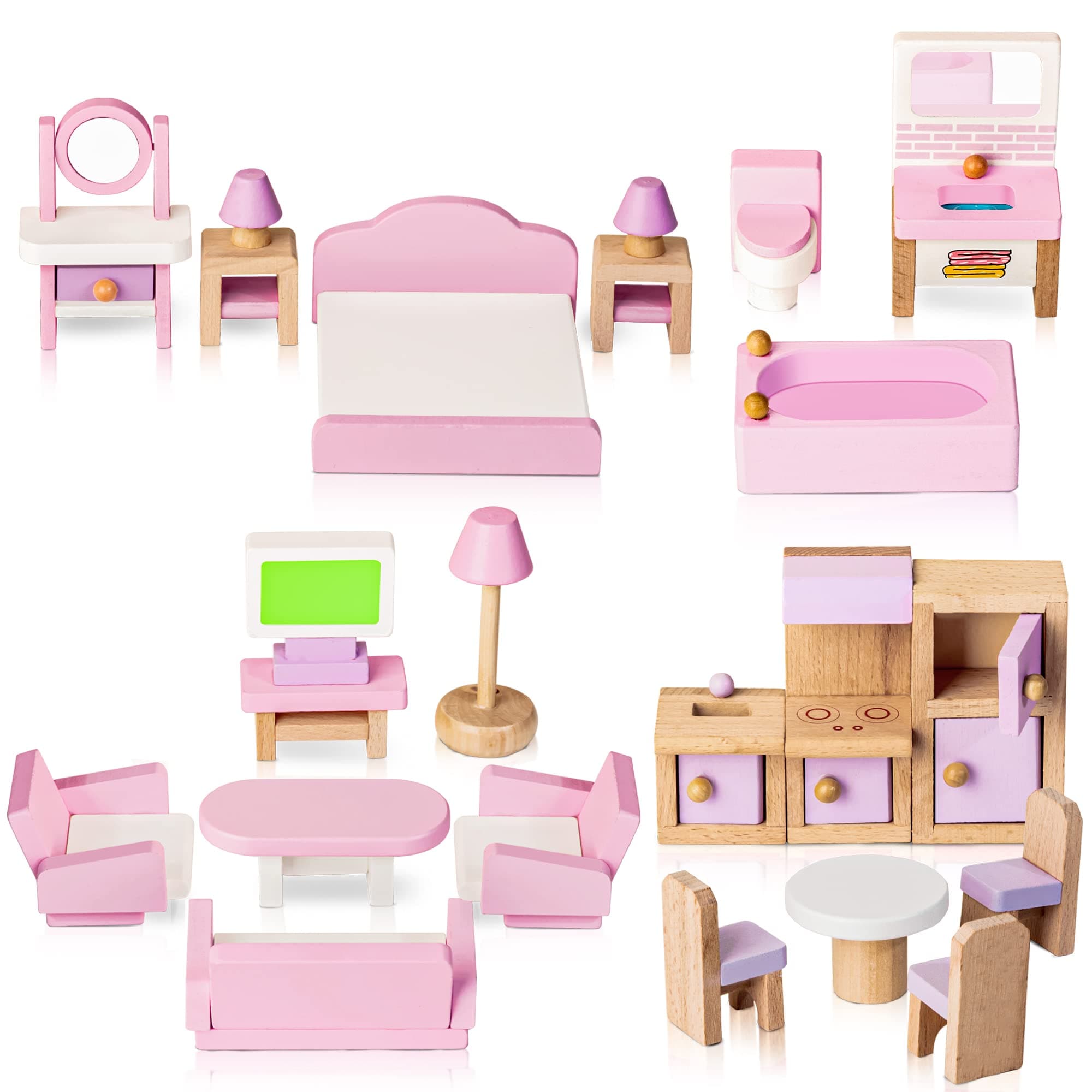 Wooden Dollhouse Furniture Set, 22 PCS Doll House Accessories Including 5 Room Kits, Little People House Furniture Toy Gift for Girls Boys Age 3+, Miniature Dollhouse Furnishing