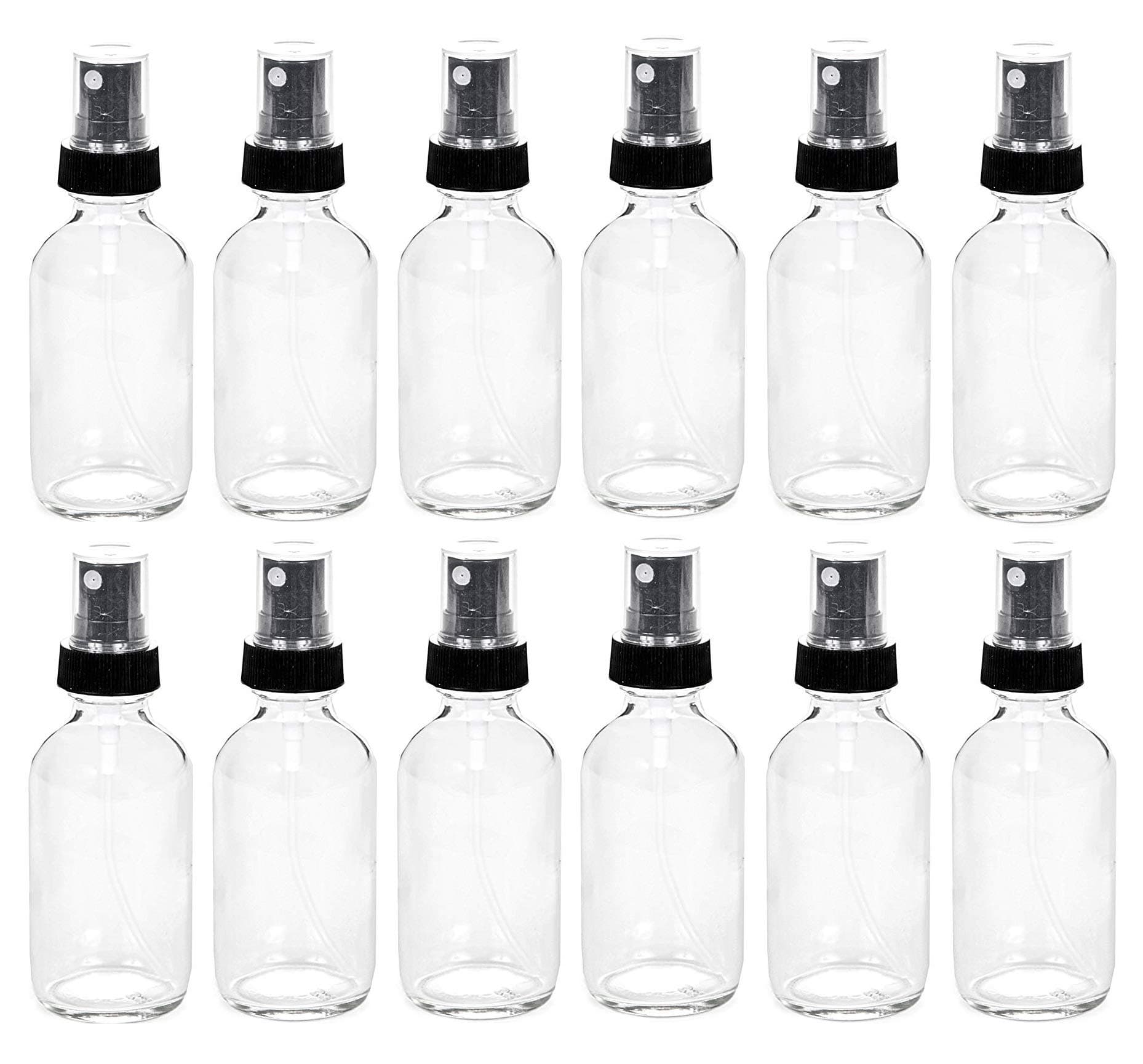 Premium Vials, 12, Clear, 1 oz Glass Bottles, with Black Fine Mist Sprayers (Clear)