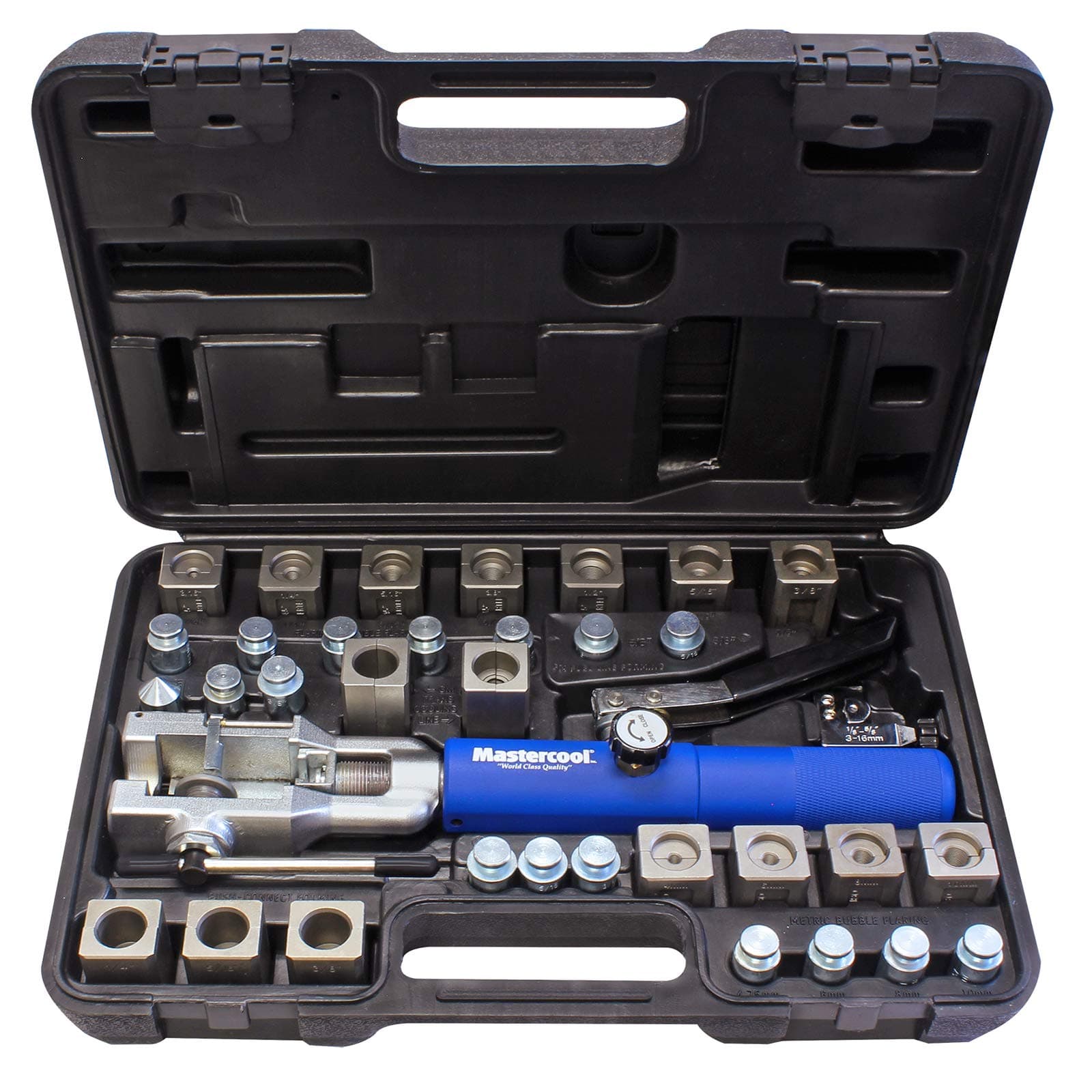 72485-PRC Universal Hydraulic Flaring Tool Set (Includes 3/8" and 1/2" Transmission Cooling Line Die and Adapter Sets) with Tube Cutter, Silver/Blue