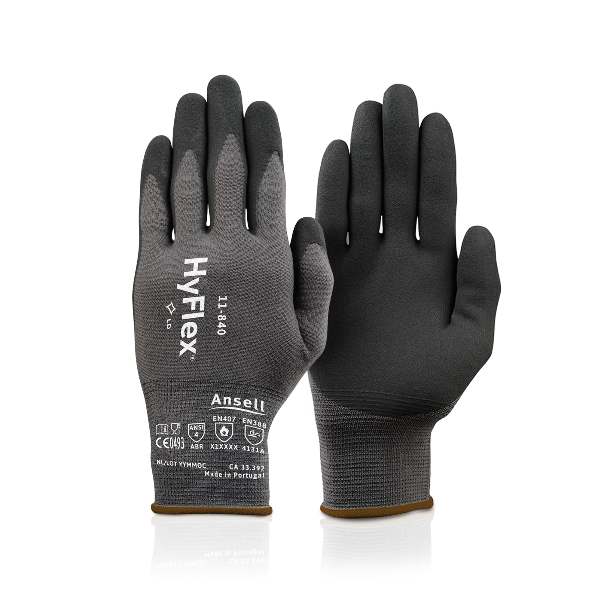 Ansell HyFlex 11-840 Ergonomic Abrasion-Resistant Nylon Spandex Nitrile Coated Industrial Gloves for Automotive, Fabrication