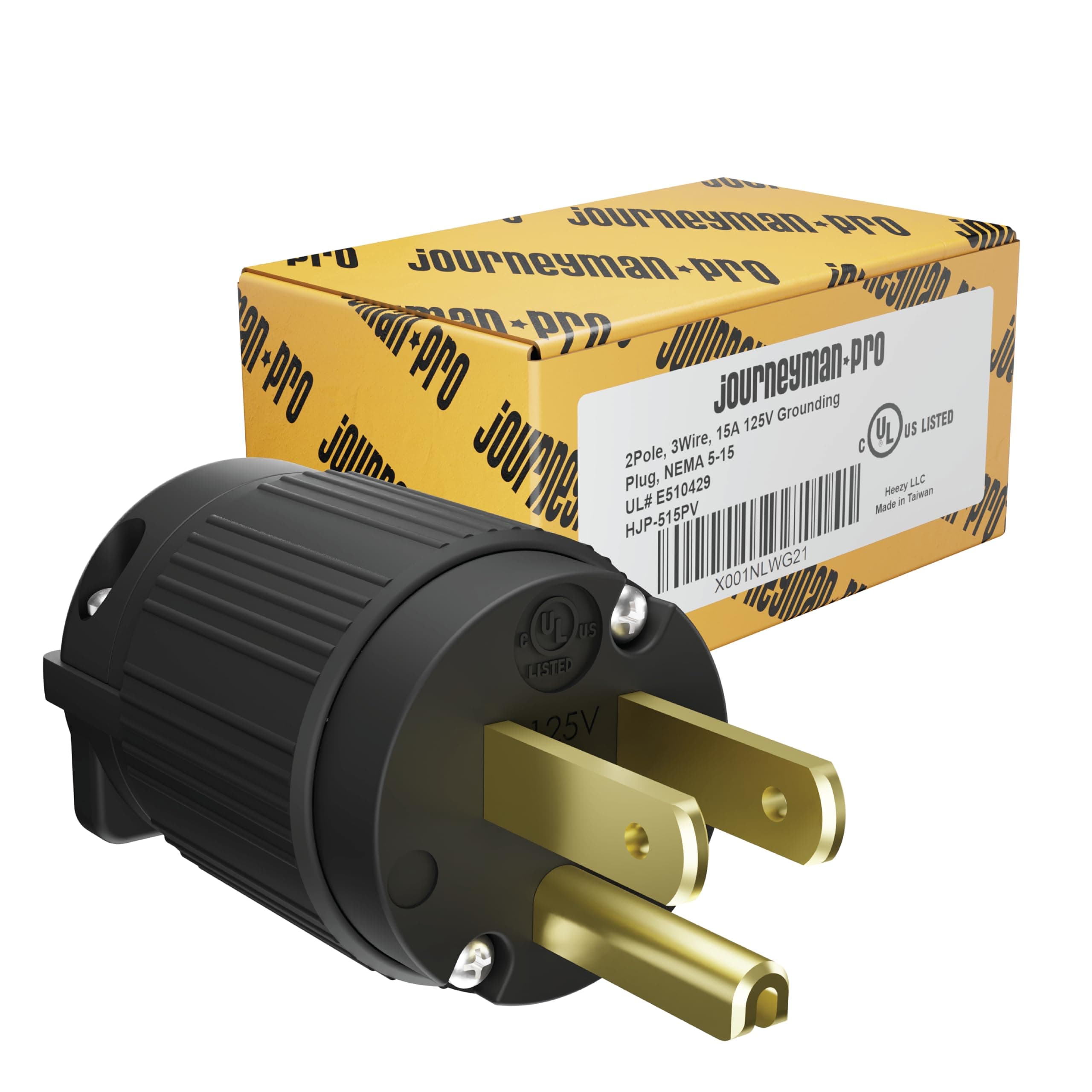 Journeyman-Pro - 515PV, 15 Amp, 125 Volt, Male Electrical Plug Replacement 3 Prong, NEMA 5-15P Straight Blade, Heavy Duty Commercial Grade Extension Cord End Repair, 2-Pole 3-Wire (Black, 1-Pack)