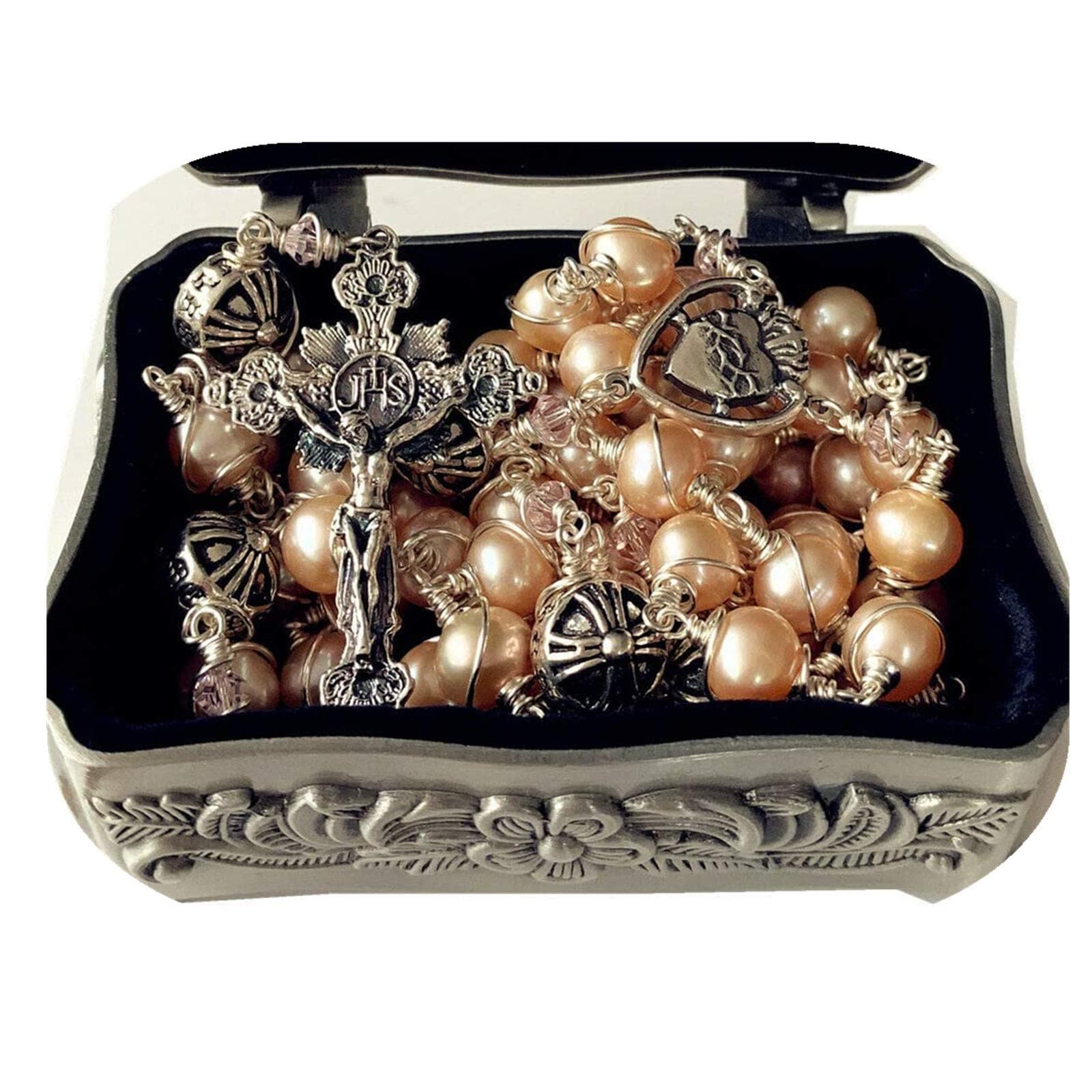 elegantmedicalWire Wrapped Bali Sterling Silver Beads Real Pearl Catholic Rosary Necklace Cross box