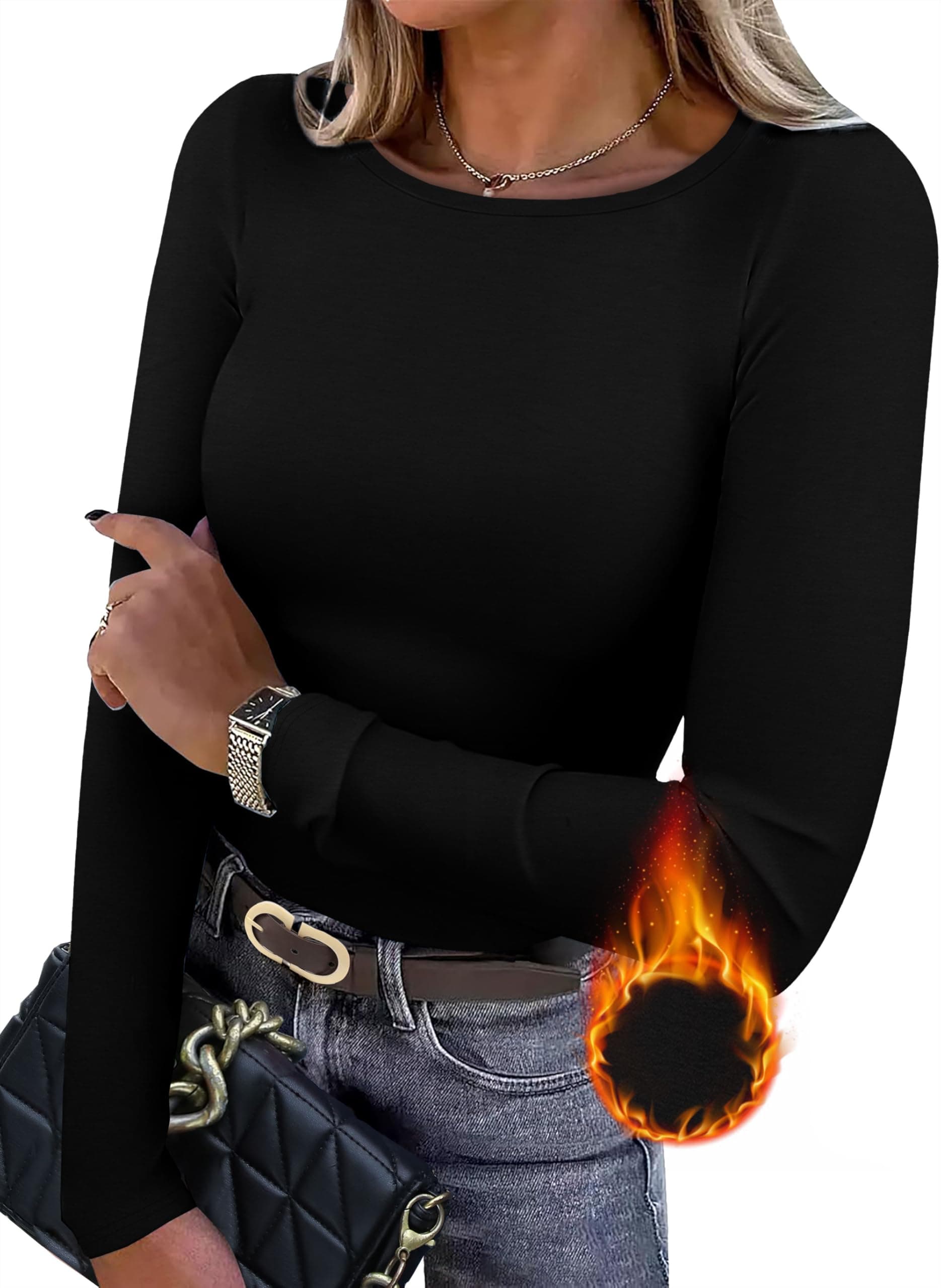 WIHOLL Long Sleeve Thermal Shirt for Women Light Fleece Tops Spring 2026 Crew Neck Casual Basic T-Shirts