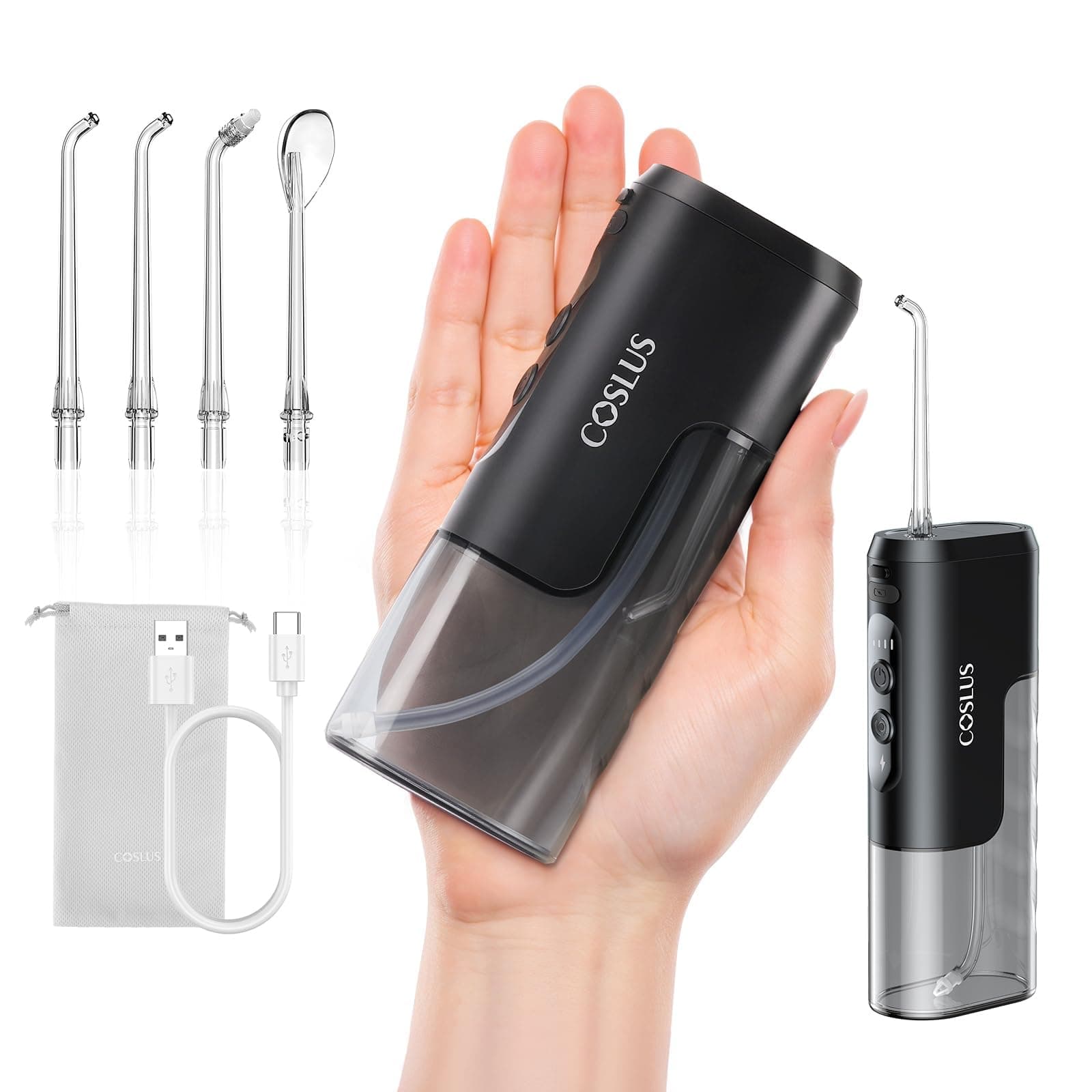 COSLUS T40 Mini Water Flosser for Travel: Portable Compact Design, Cordless Oral Irrigator with 4 Modes, Removable Tank, IPX7 Waterproof for Braces, Orthodontic, Sensitive Teeth On-the-Go Use, Black