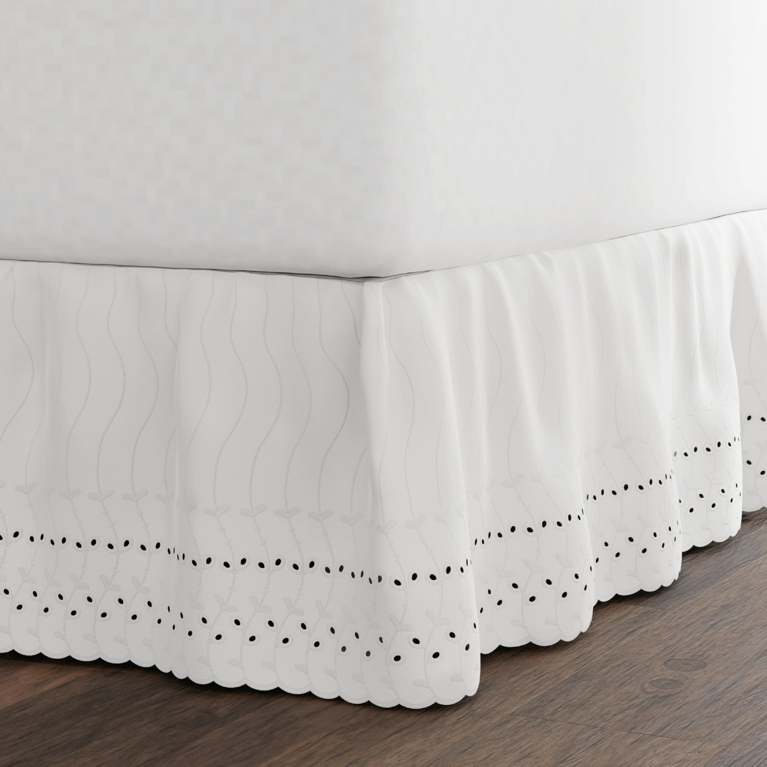FRESH IDEAS Eyelet Bed Skirt Dust Ruffle Embroidered Details, Classic 14” drop length Gathered Styling, King, White