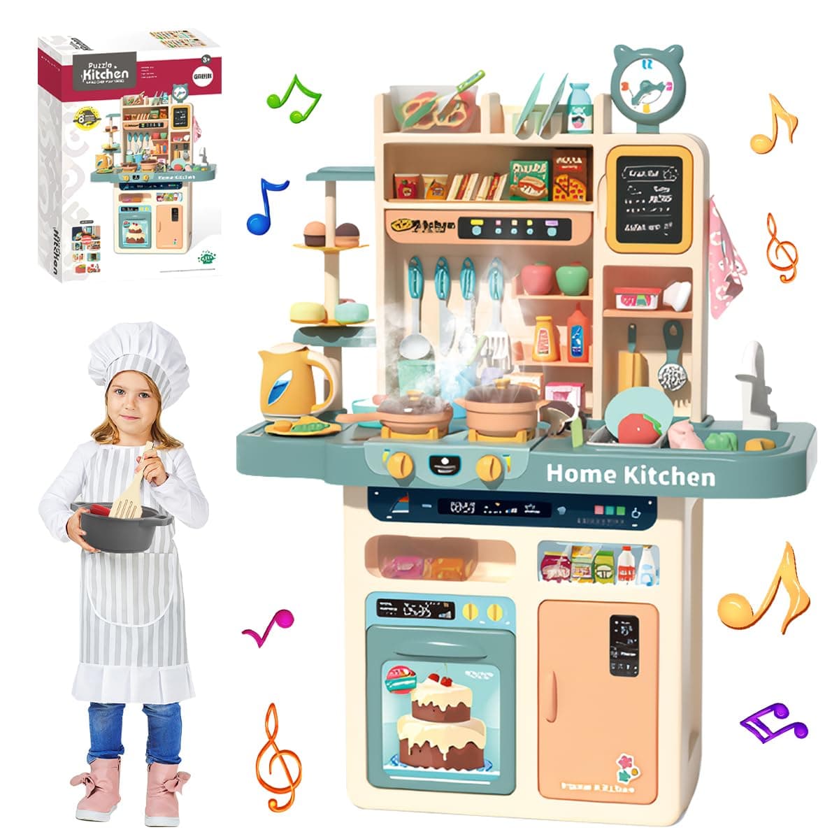 Kids Kitchen Playset 87PCS Mini Kitchen Toy Set, Toddler Cooking Pretend Play Kitchen Appliances with Light & Sound Simulation of Spray Sink Fruit Vegetable Children Role Play Toy for Girls Boys Gift
