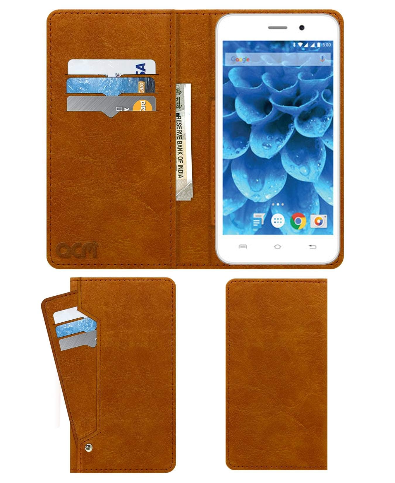 ACM Wallet Leather Flip Carry Case Compatible with Lava Iris Atom 3 Mobile Flap Card Holder Front & Back Cover Classic Golden