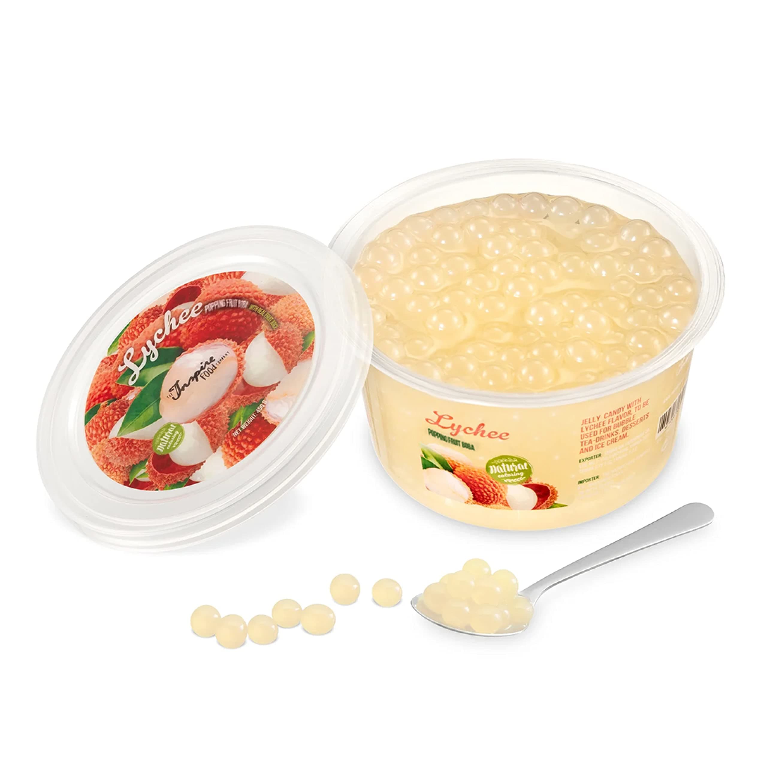 Lychee INSPIRE FOOD Popping Boba Pearls for Bubble Tea | 1 lb Packs | 100% Vegan & Gluten Free Bursting Pearls | Lower Sugar & Real Fruit Juice for Teas, Shakes, Dessert, Smoothies